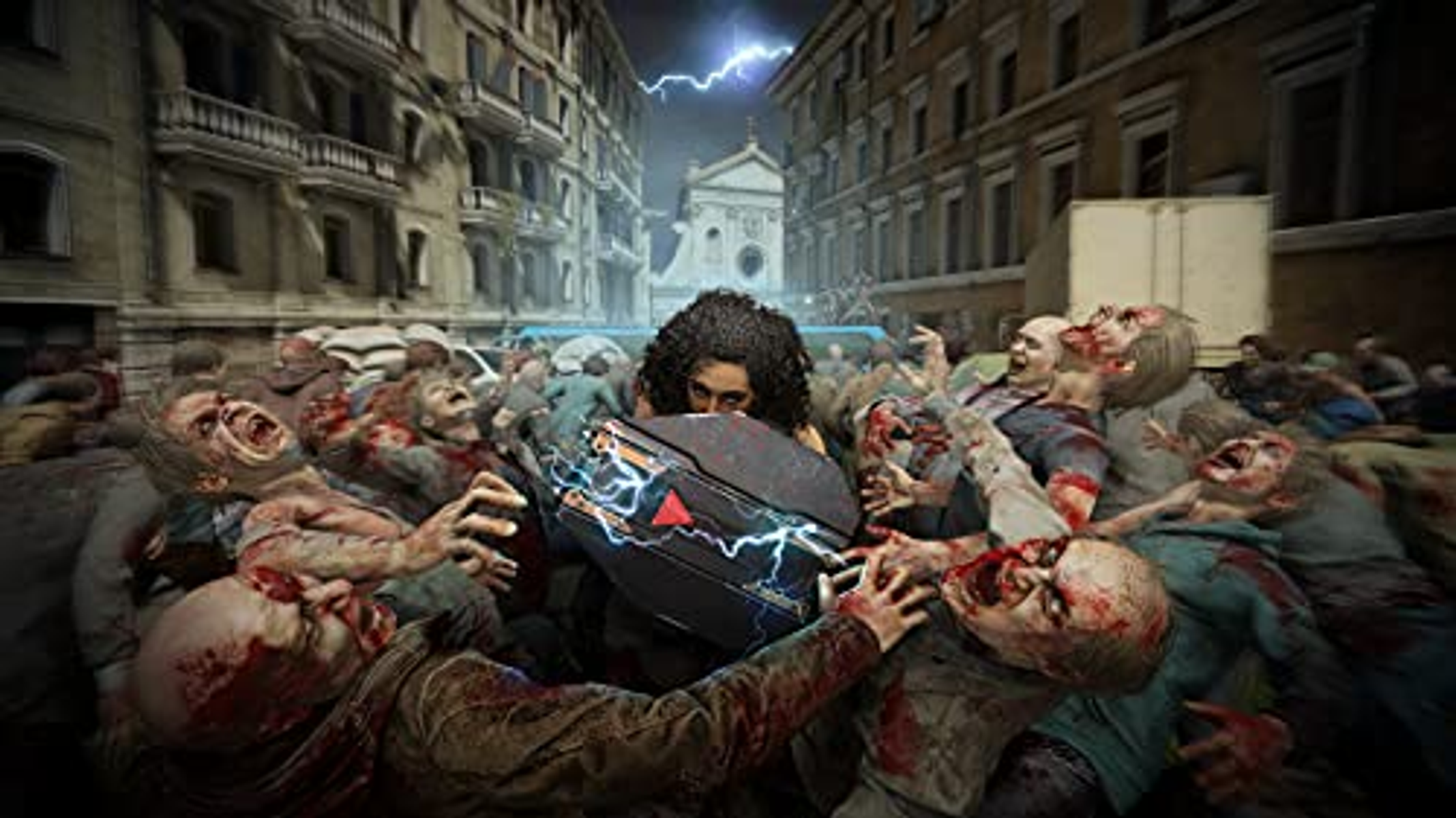 Osoba otoczona przez zombie, trzymająca urządzenie, z błyskawicami i budynkami miejskimi w tle.