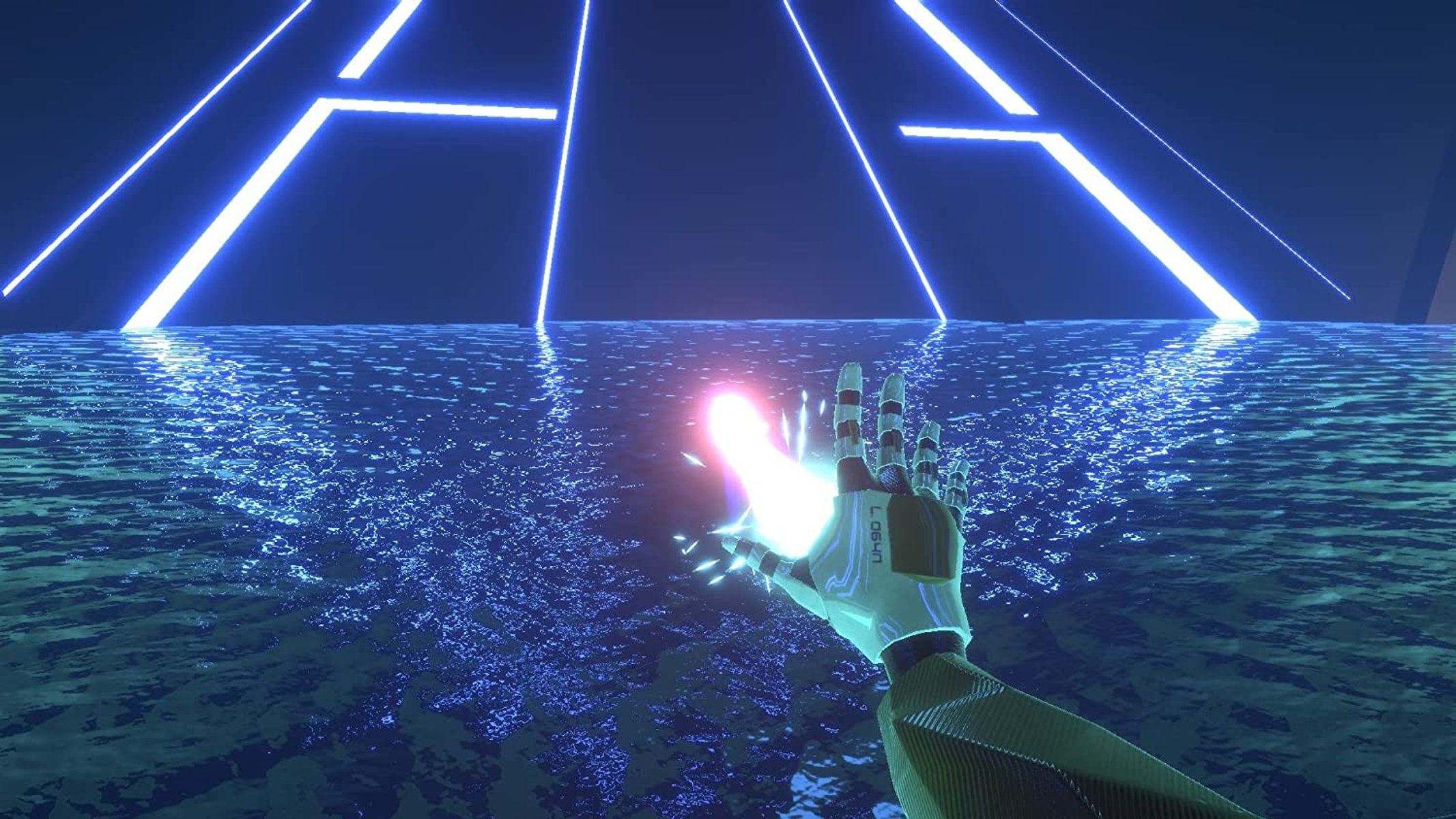 Una mano con un guante futurista se extiende frente a un fondo neón azul con ondas de agua.