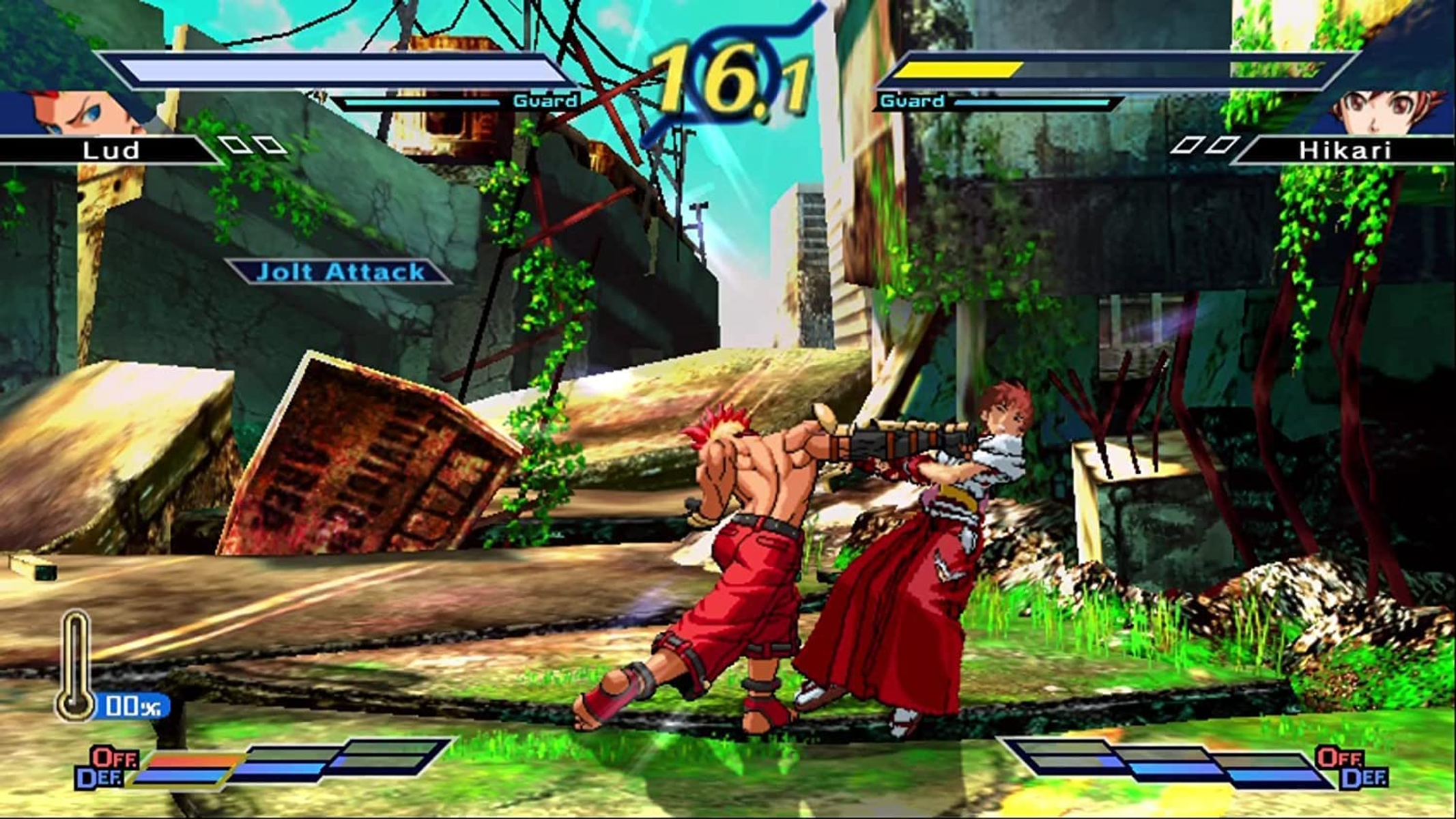 Una escena de juego de lucha con dos personajes. Uno con pelo rojo, el otro con pelo blanco.