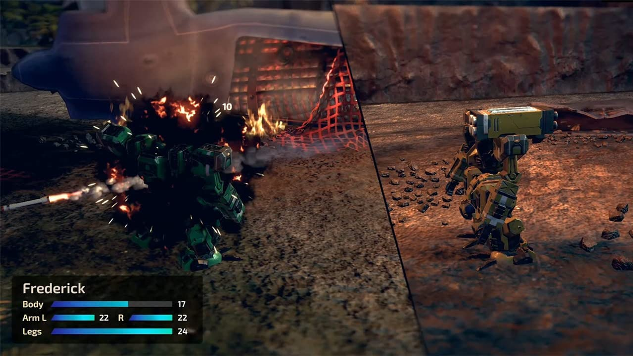 Scena di un videogioco con due mech. Uno esplode, l'altro è pronto.