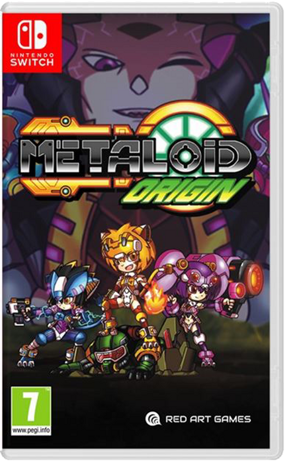 Portada del juego Metaloid Origin para Nintendo Switch. Presenta personajes de dibujos animados.