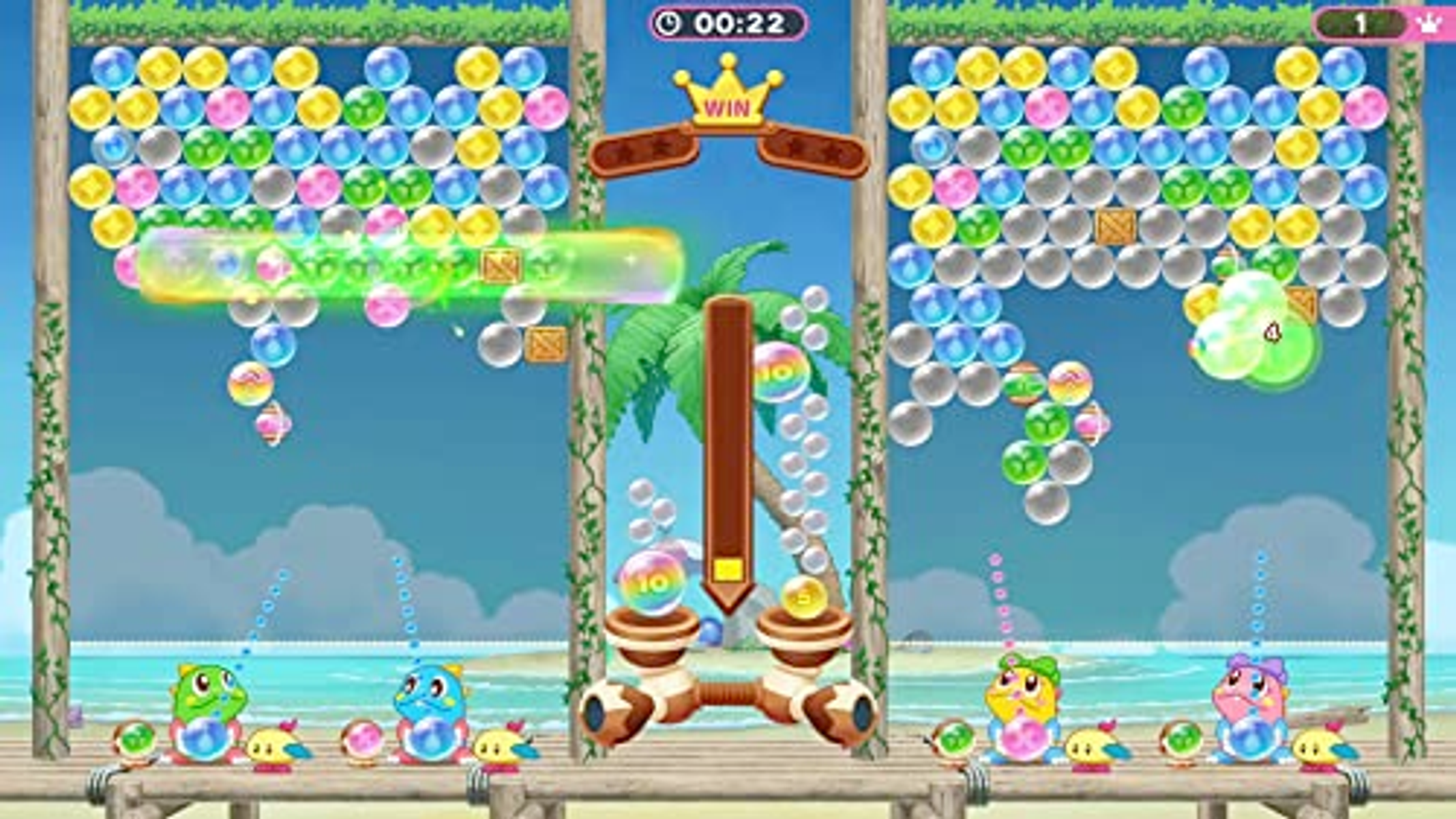 Ekran gry bubble shooter z kolorowymi bąbelkami, tłem plaży i elementami gry.