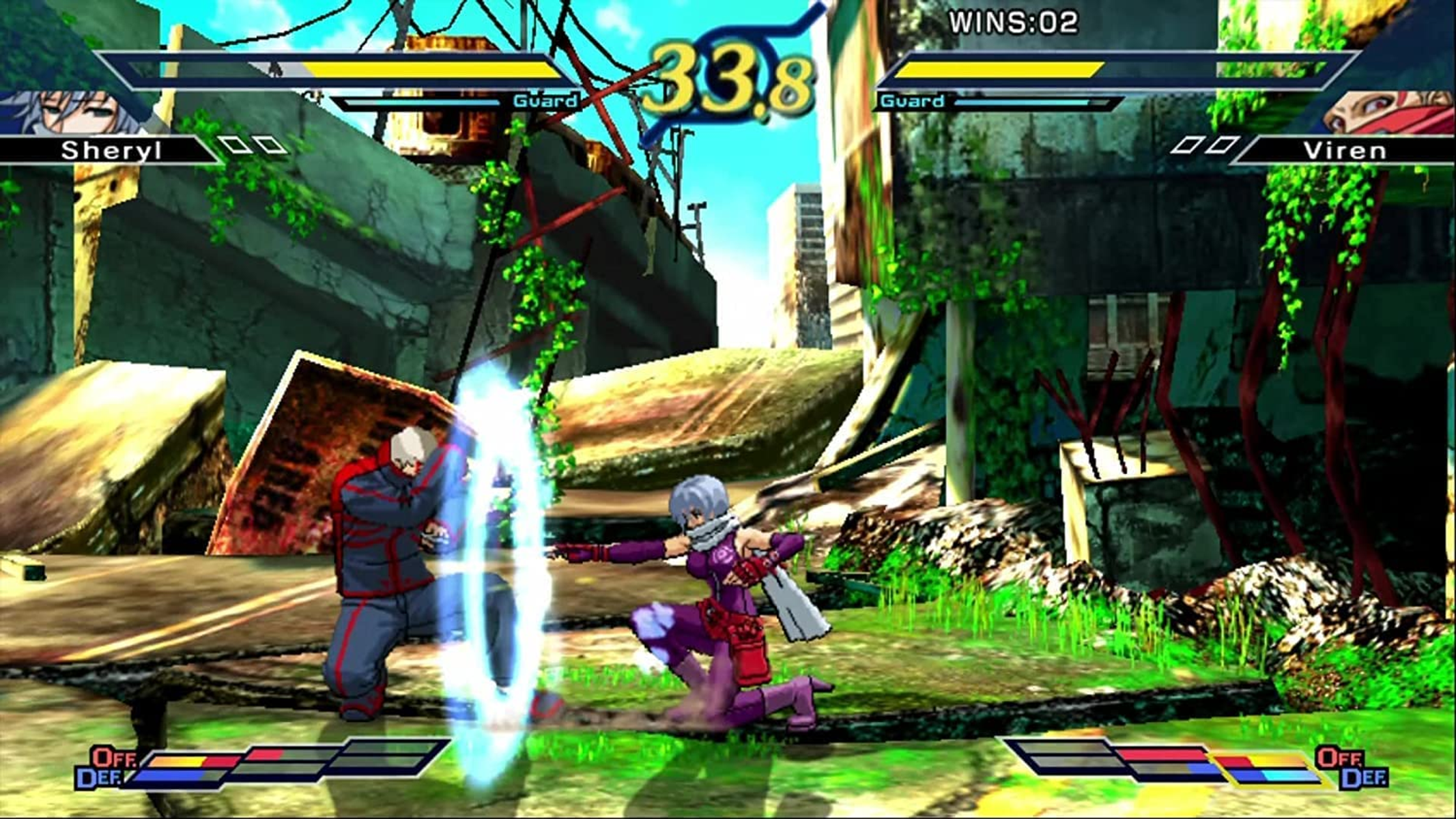 Escena de videojuego con dos personajes peleando. Uno en morado, otro en rojo. Fondo de ciudad con escombros.