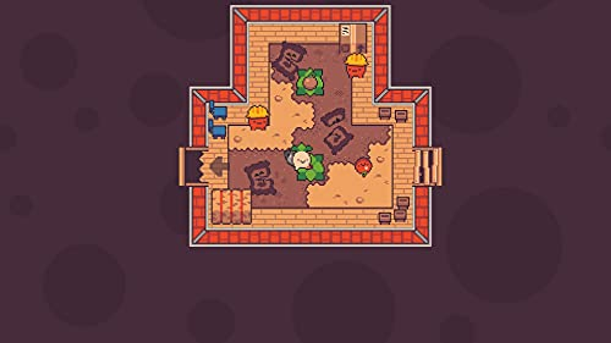 Vista dall'alto di un livello di gioco pixel art. Personaggi con elmetti in una struttura labirintica.