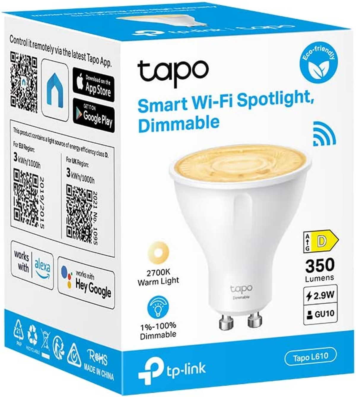Boîte de projecteur Wi-Fi intelligent Tapo. Boîte blanche avec une image de projecteur et des détails.