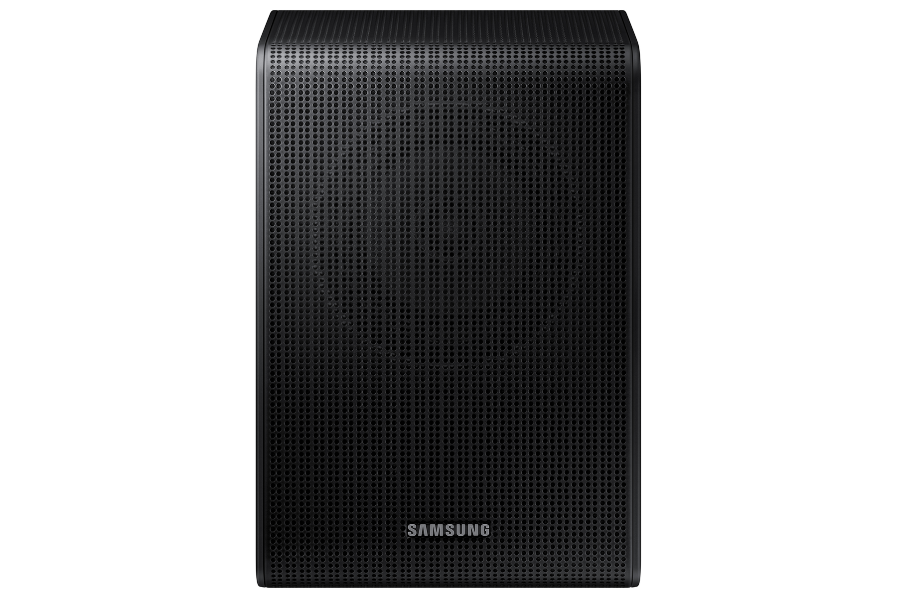 Un altoparlante subwoofer Samsung nero con parte anteriore a rete.