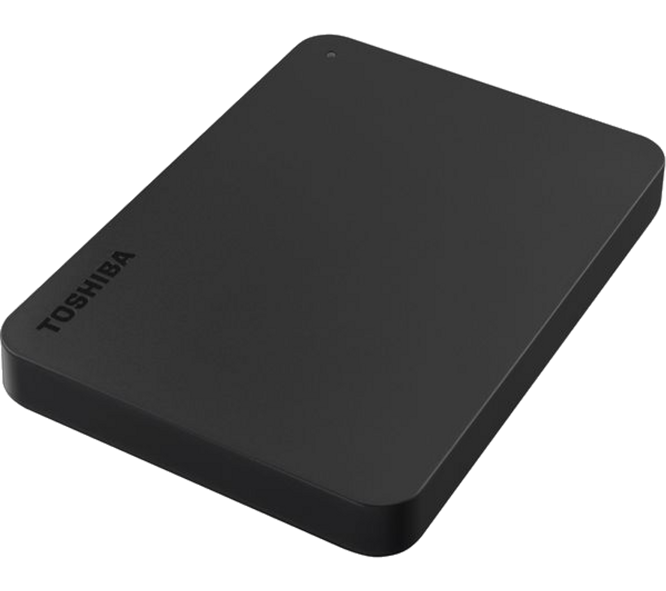 Un disco rigido esterno Toshiba rettangolare nero, visto dall'alto, con una superficie liscia.