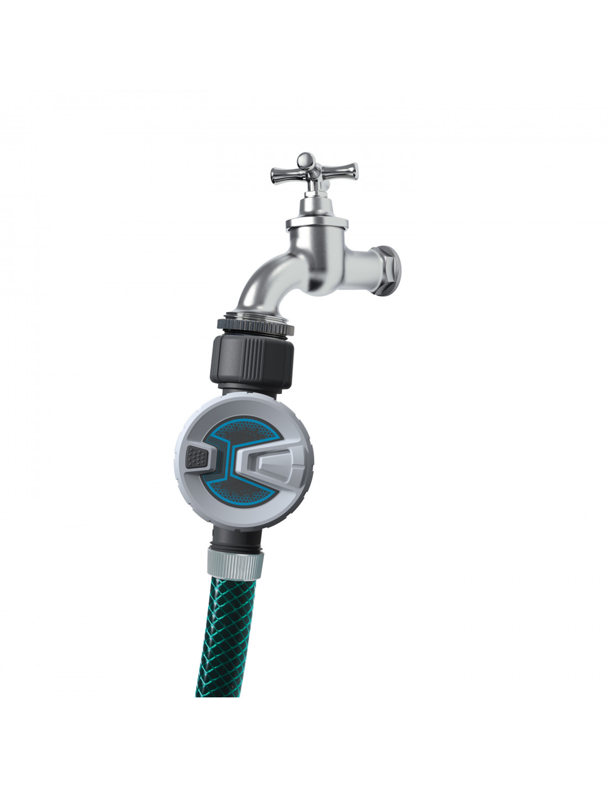 Un grifo cromado con una manguera de jardín conectada, conectado a un dispositivo de temporizador de agua.