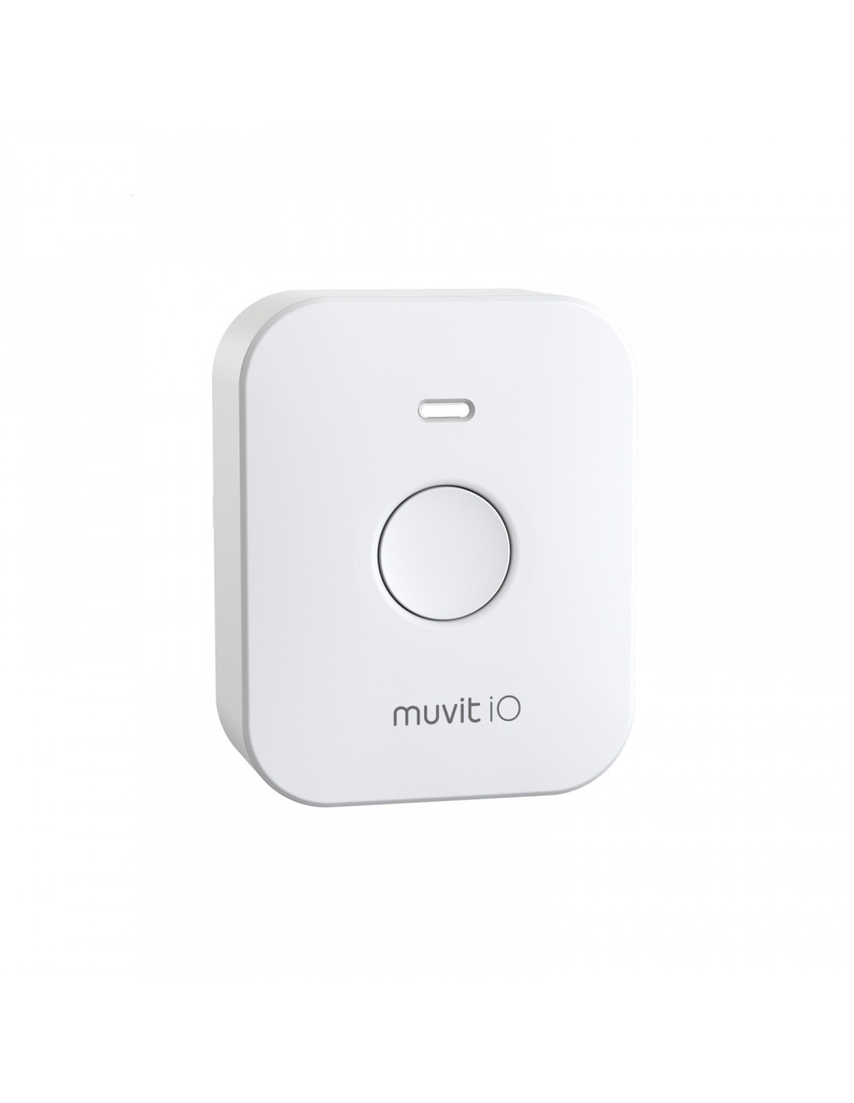 Dispositivo cuadrado blanco con un botón circular y un pequeño agujero, marca 'muvit iO'.