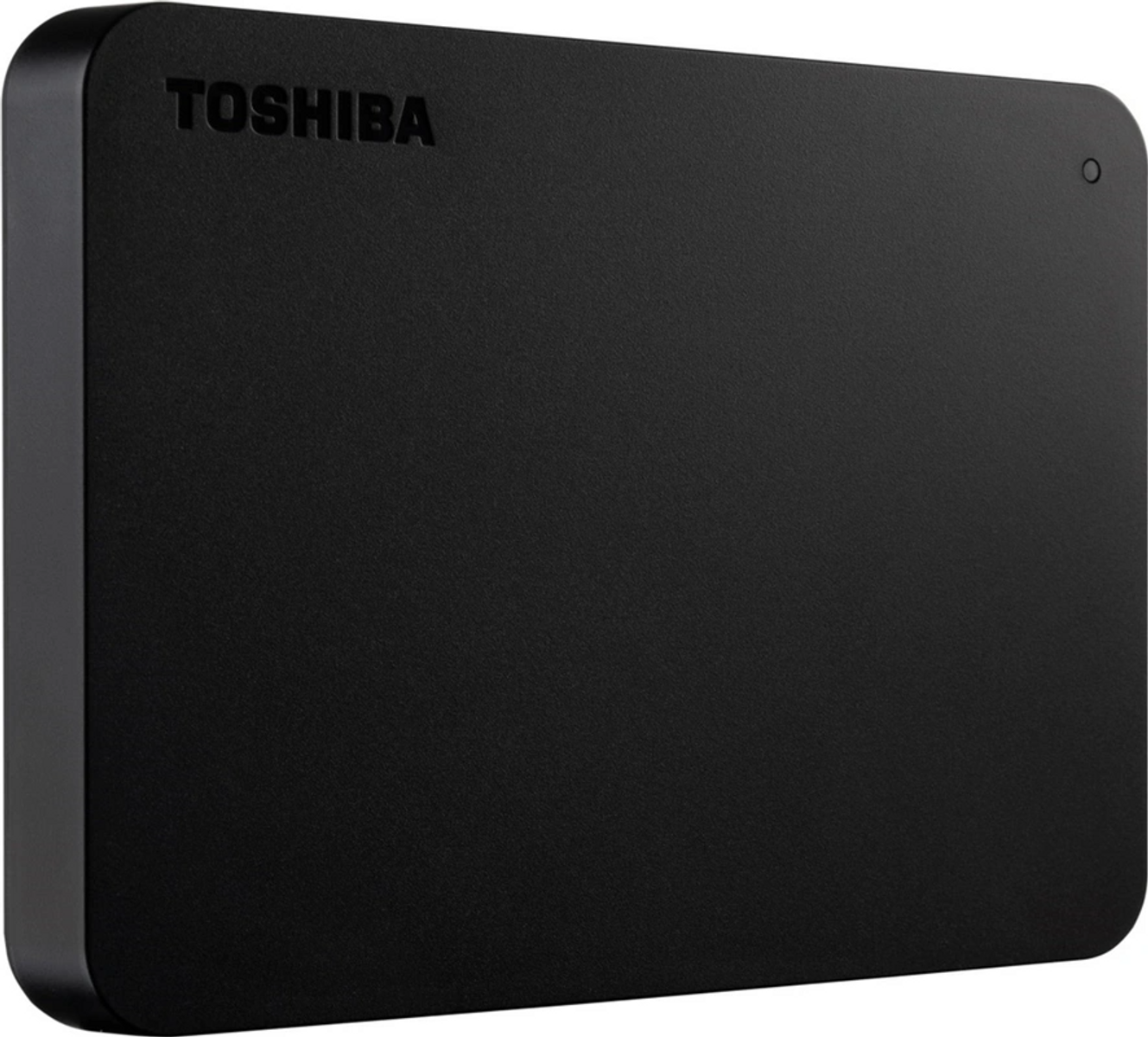 Un disco rigido esterno Toshiba nero, che mostra il marchio e una piccola luce indicatrice.