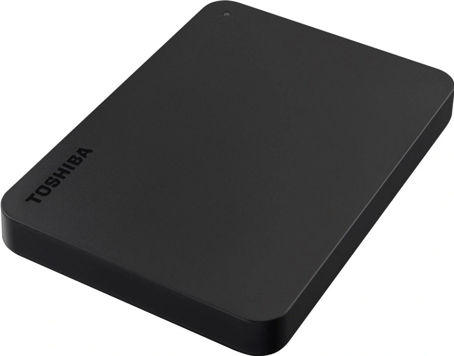 Hard disk esterno nero Toshiba. È rettangolare e ha il logo Toshiba sulla parte superiore.