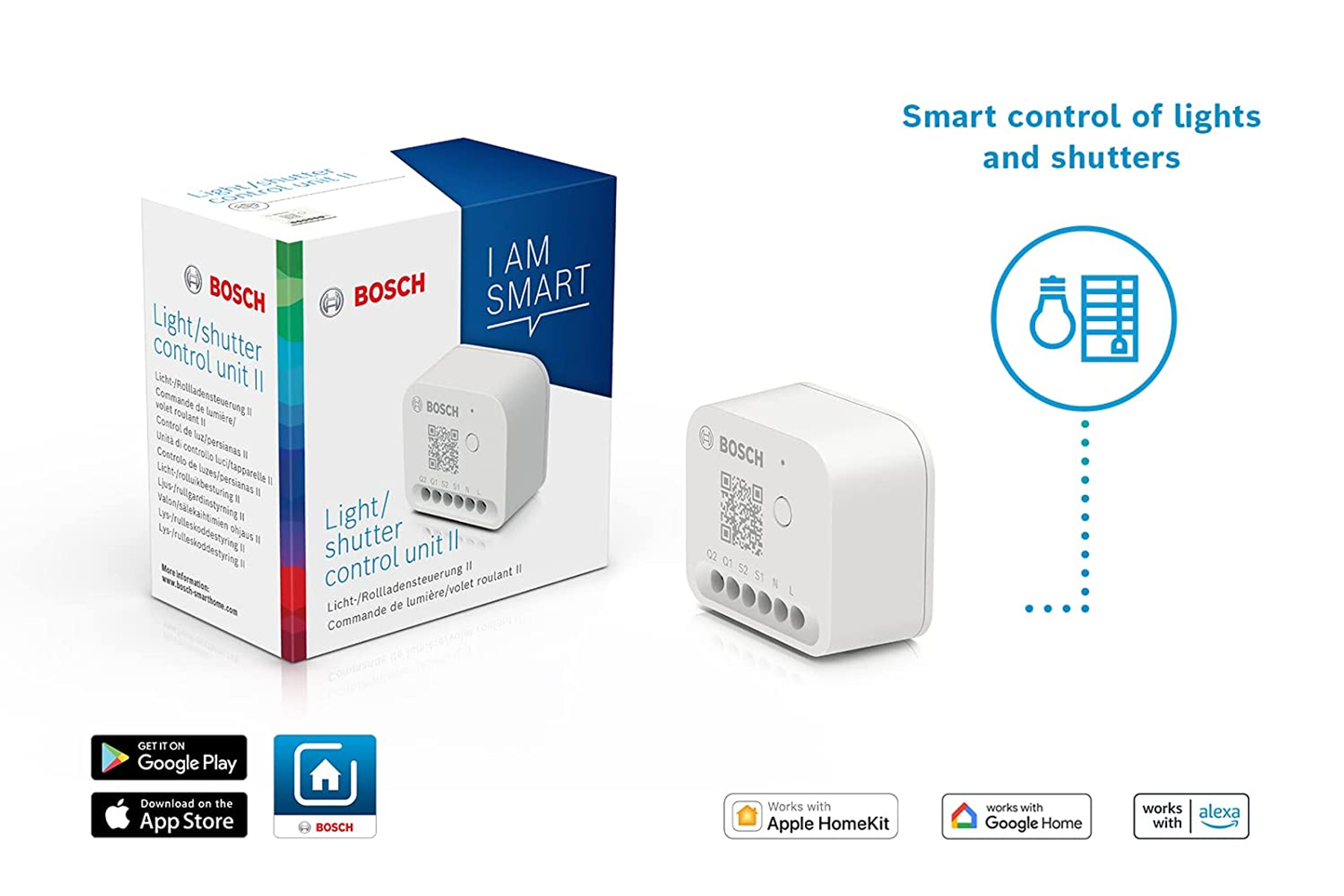Bosch Licht-/Rollladen-Steuereinheit II, Verpackung und Grafik zur Smart Home-Integration.