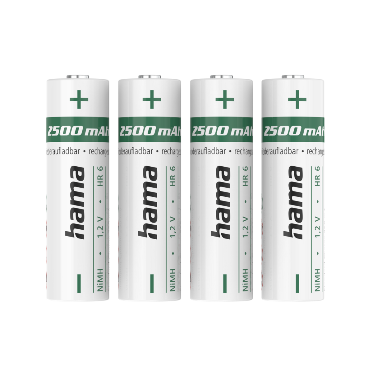 Quattro batterie AA bianche con etichette verdi. Ognuna ha un segno più. Il marchio è Hama.