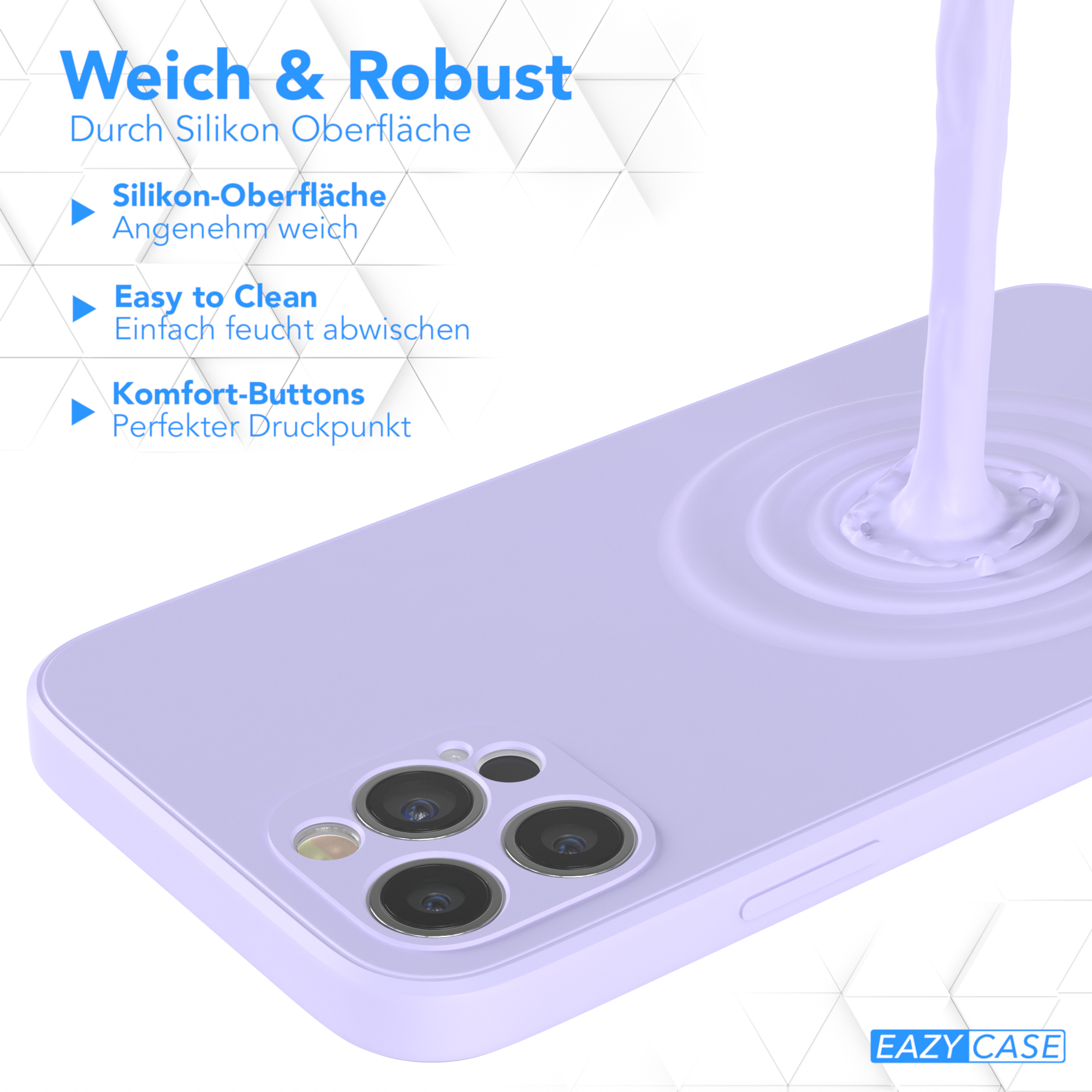 Eine Handyhülle mit einem lilafarbenen Flüssigkeitsdesign. Text: 'Weich & Robust' und 'Leicht zu reinigen'.