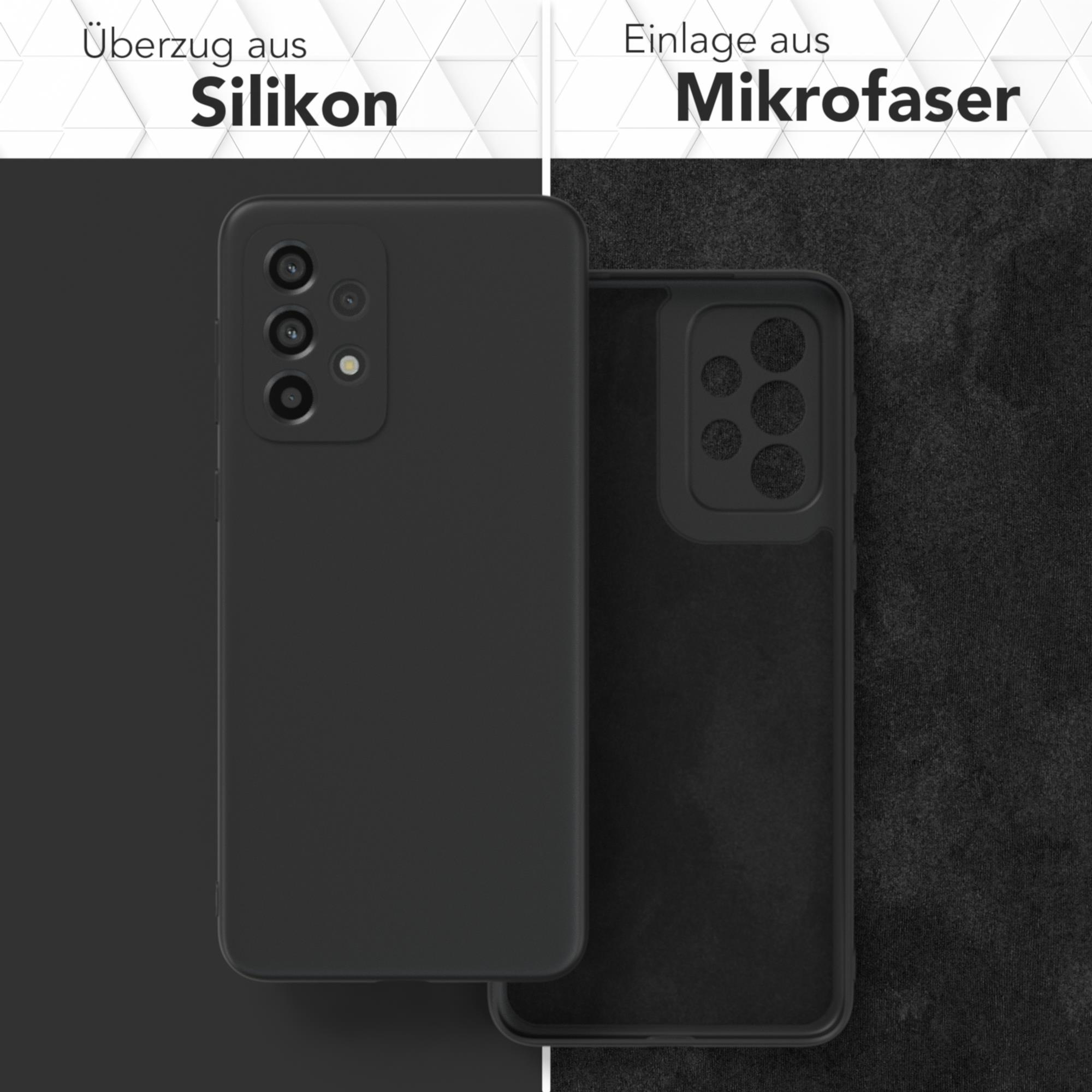 Ein geteiltes Bild, das eine Handyhülle zeigt. Eine Seite zeigt das Silikon außen, die andere das Mikrofaser innen.