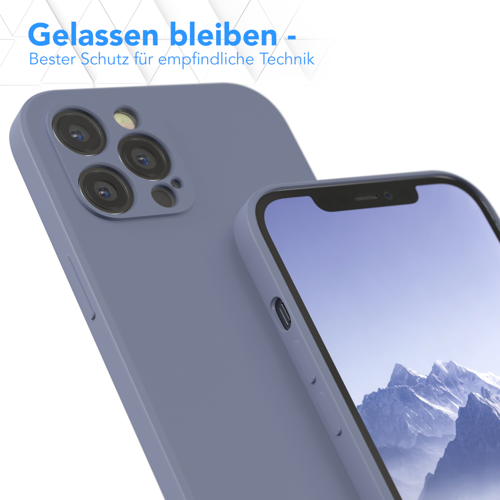 Zwei Handyhüllen, eine lila mit Kameras und ein Displayschutz.
