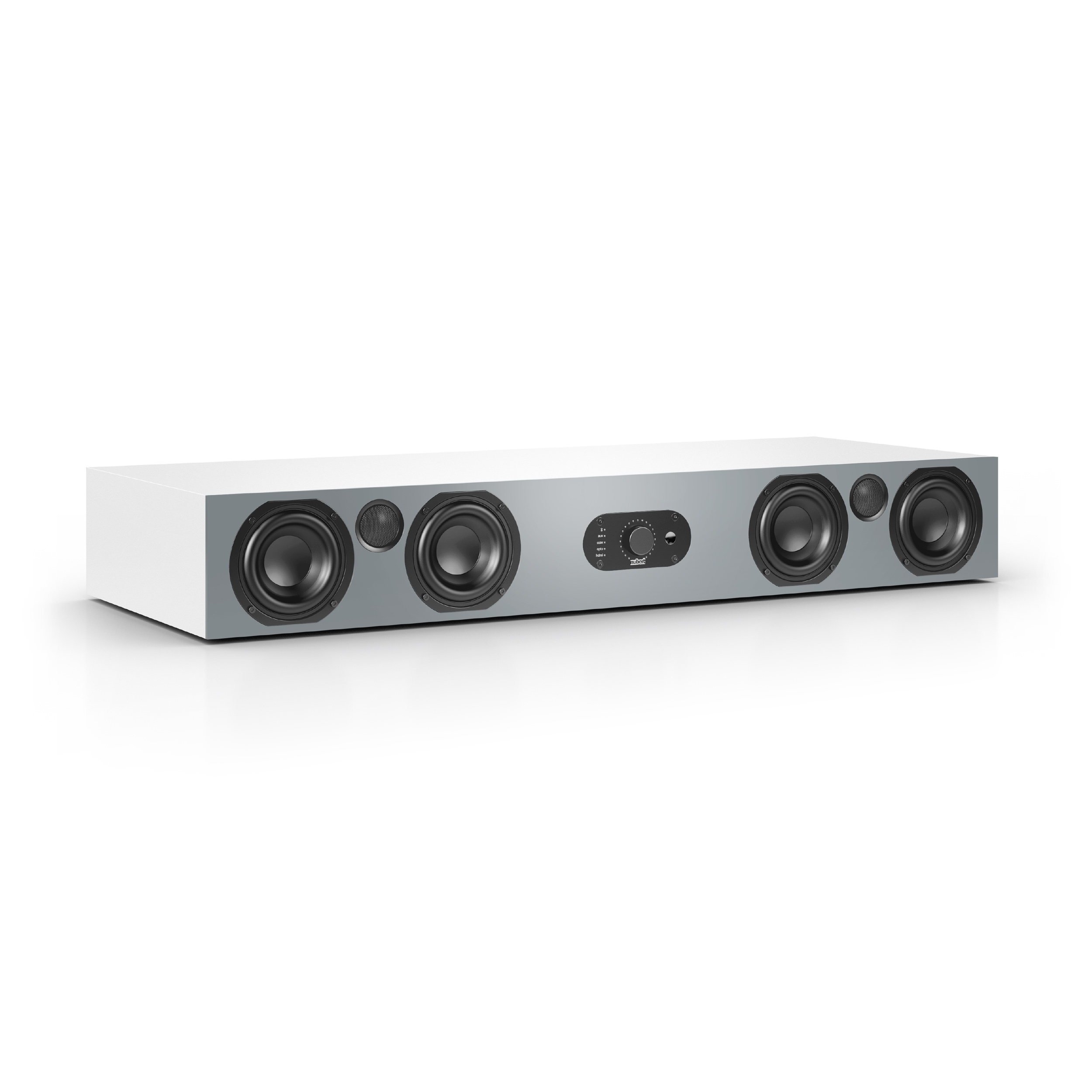 Eine lange, graue Soundbar mit Lautsprechern und einem Bedienfeld. Sie befindet sich auf weißem Hintergrund.