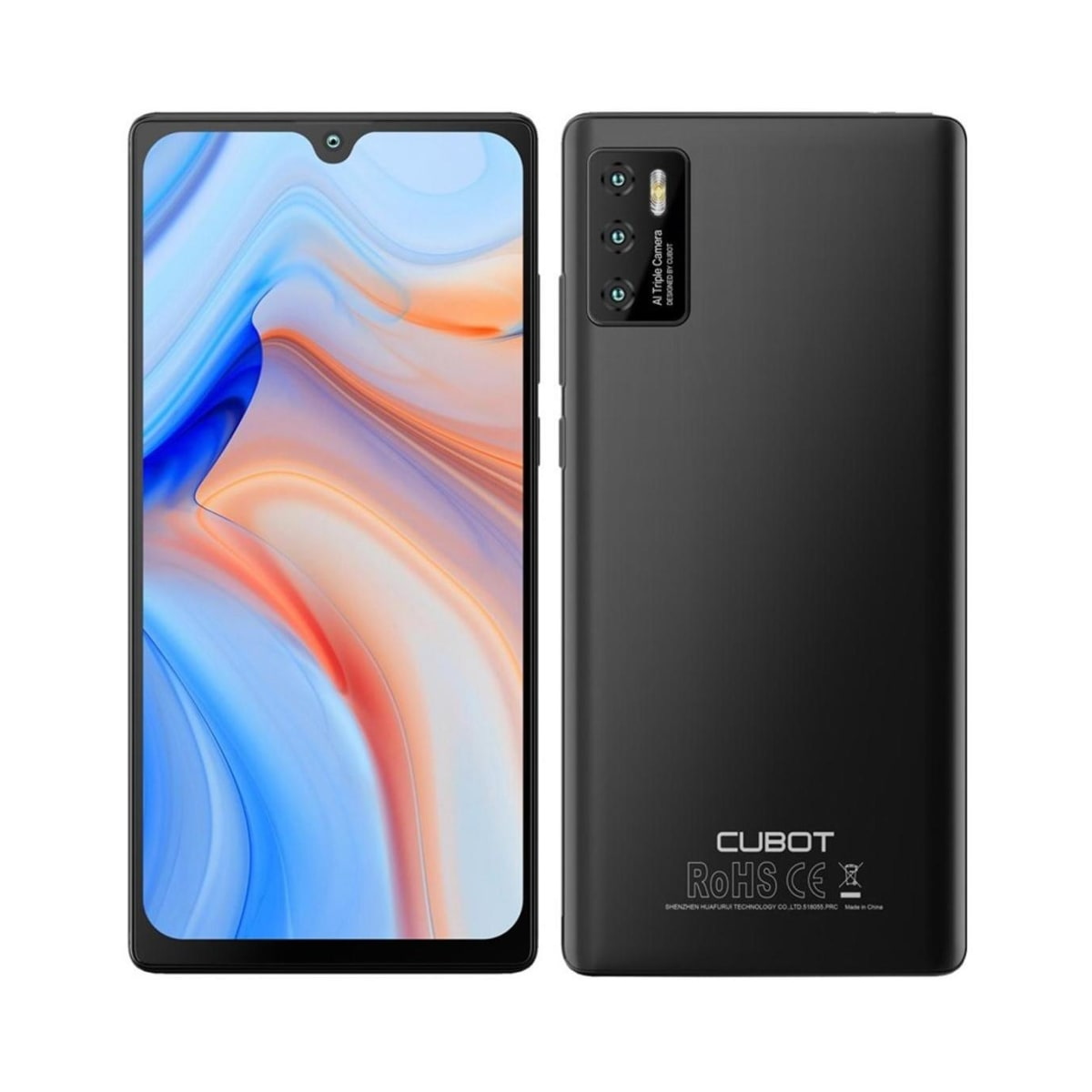 Dwie strony czarnego telefonu CUBOT. Wyświetla ekran i funkcje tylnego aparatu.