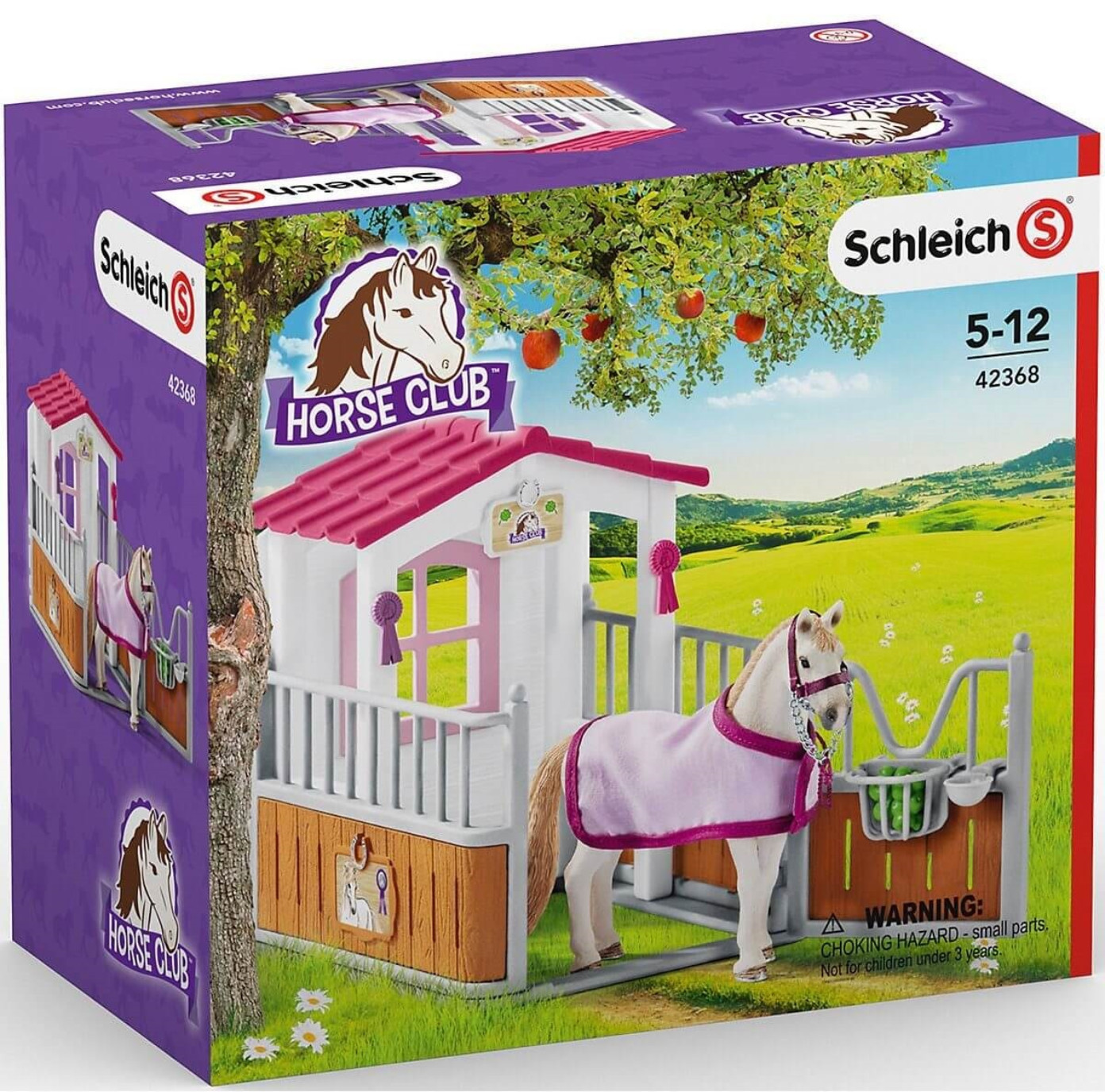 Eine Schleich Horse Club Spielzeugbox mit einem Pferdestall, einem Pferd und einem Spielzeugmädchen.