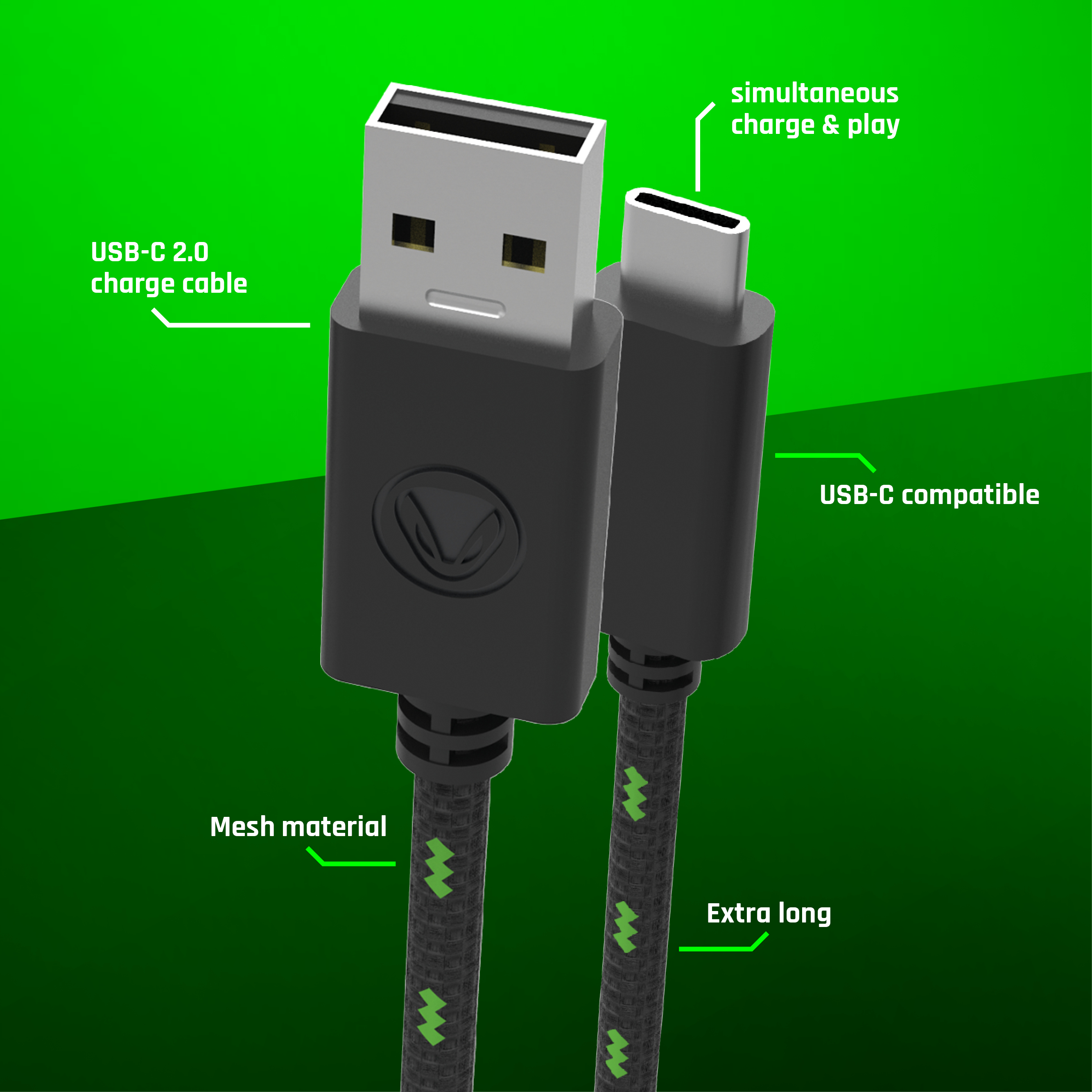 USB-C- und USB-A-Kabel mit grünen Akzenten vor grünem Farbverlauf. Textbeschriftungen sind enthalten.