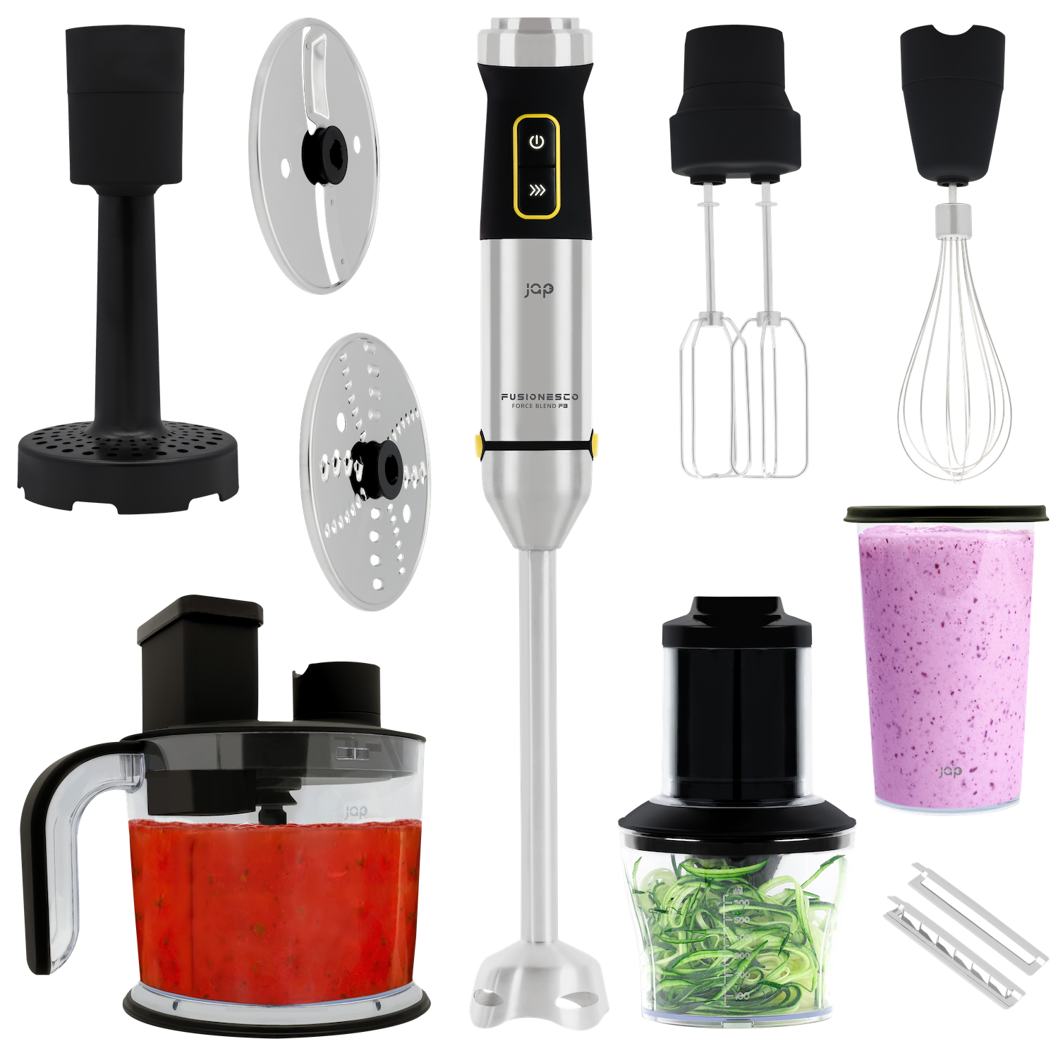 JAP Stabmixer Kartoffelpresse ml) F3 APPLIANCES Set 1500 Edelstahl/Schwarz Spiralschneider (1500 | |XL-Mixfuß | ForceBlend Küchenmaschine | Stabmixer Watt,