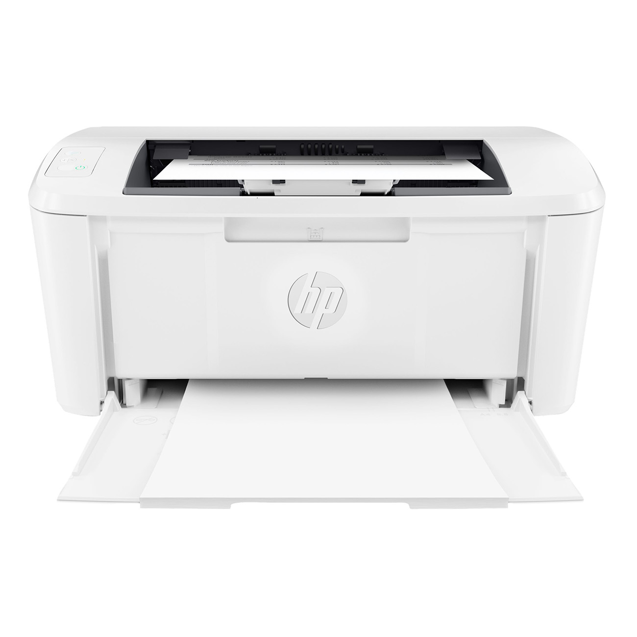 Stampante HP bianca. Vassoio di uscita carta aperto. Carta all'interno.