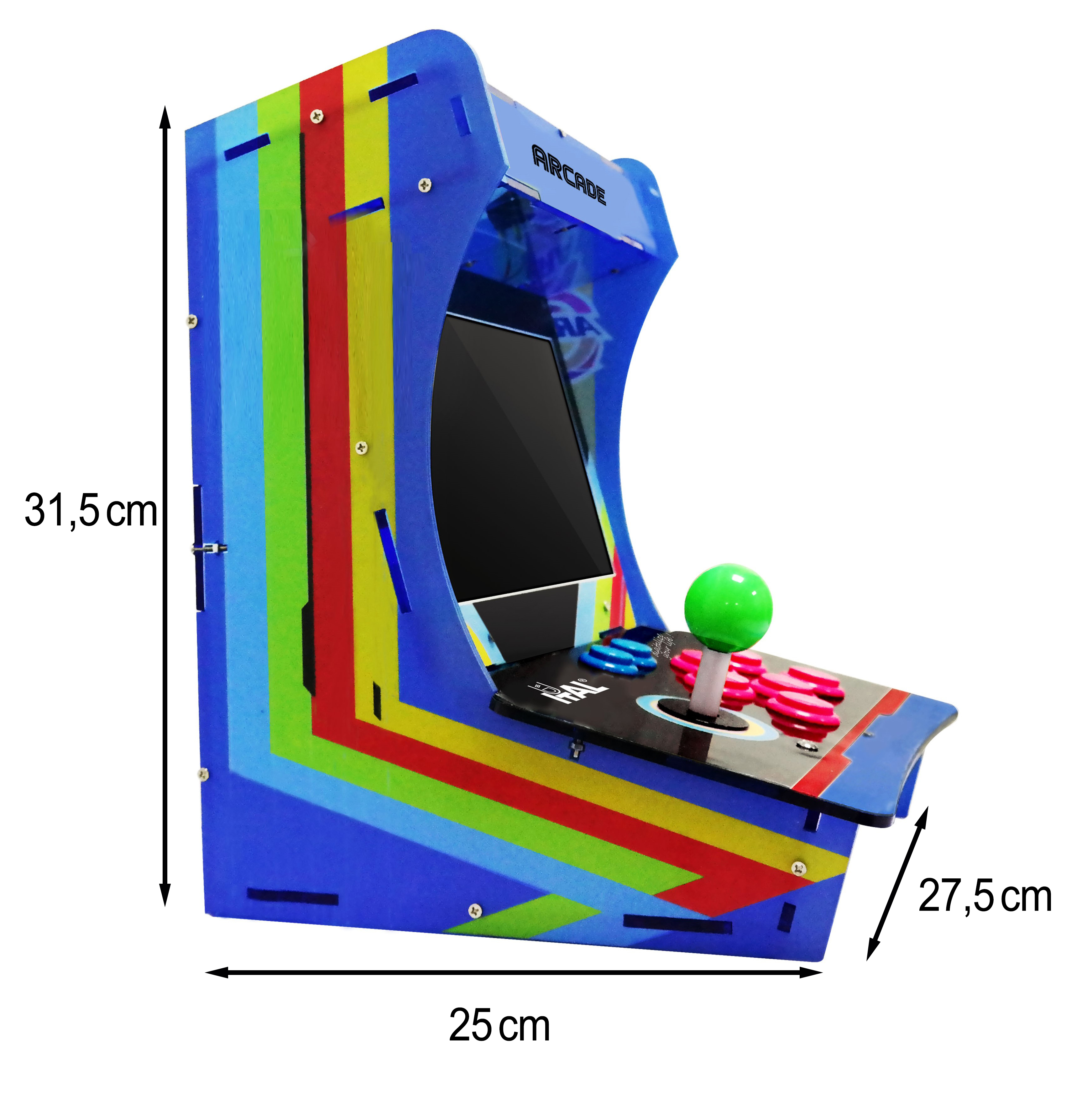 Una máquina de arcade azul y multicolor con pantalla, joystick y botones.