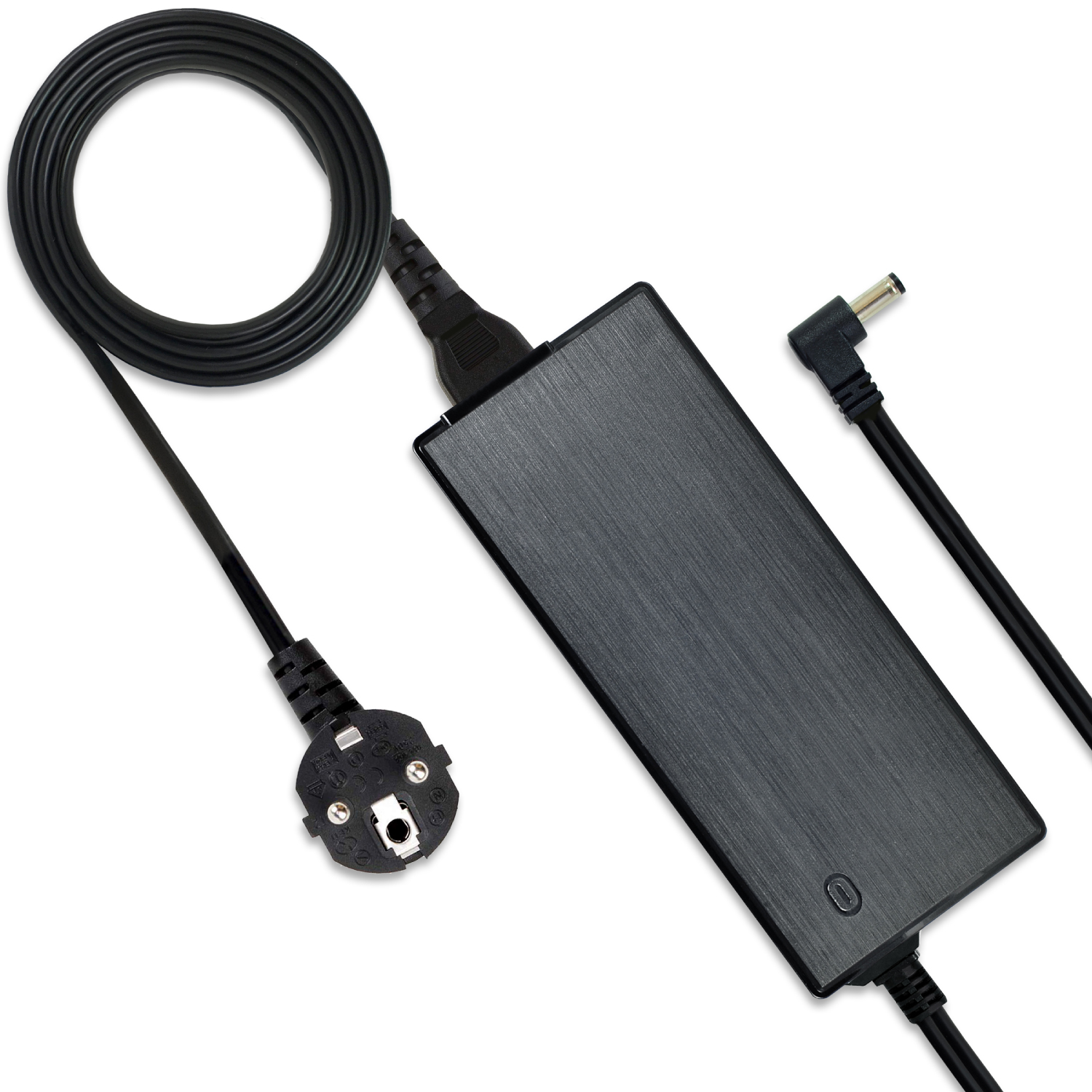 Ein schwarzes Netzteil mit schwarzem Kabel und Stecker. Es hat einen Anschluss auf der rechten Seite.