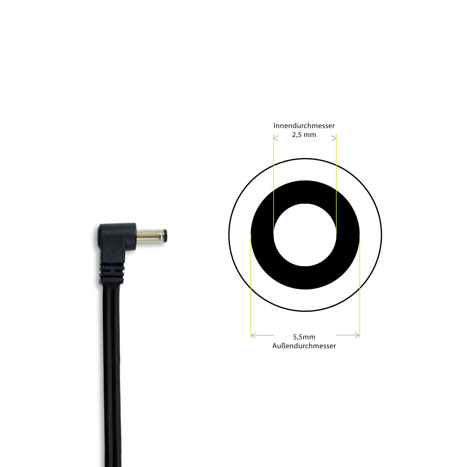 Diagramm, das einen schwarzen Stromanschluss mit einem Innendurchmesser von 2,5 mm und einem Außendurchmesser von 5,5 mm zeigt.