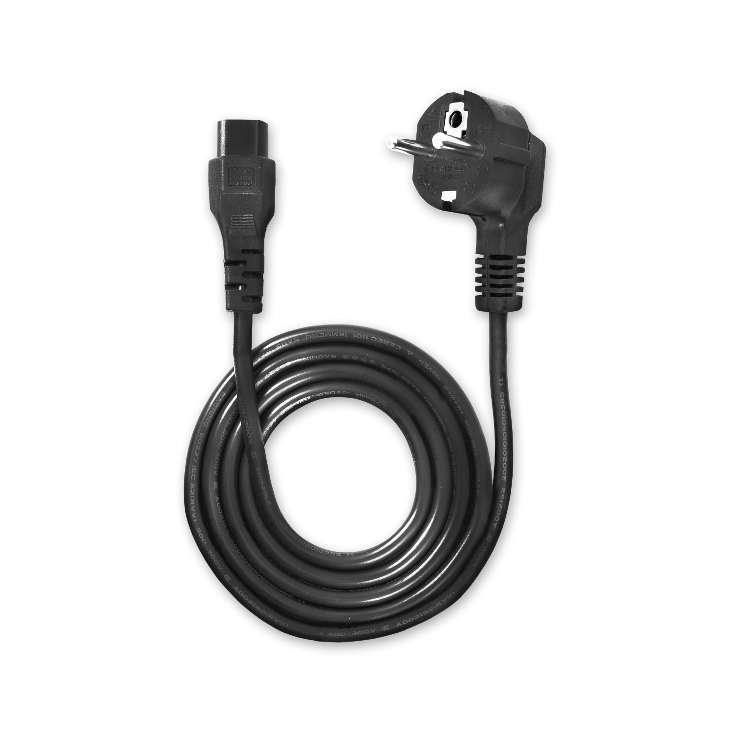 Schwarzes Netzkabel mit Stecker an einem Ende und Anschluss am anderen, auf weißem Hintergrund.