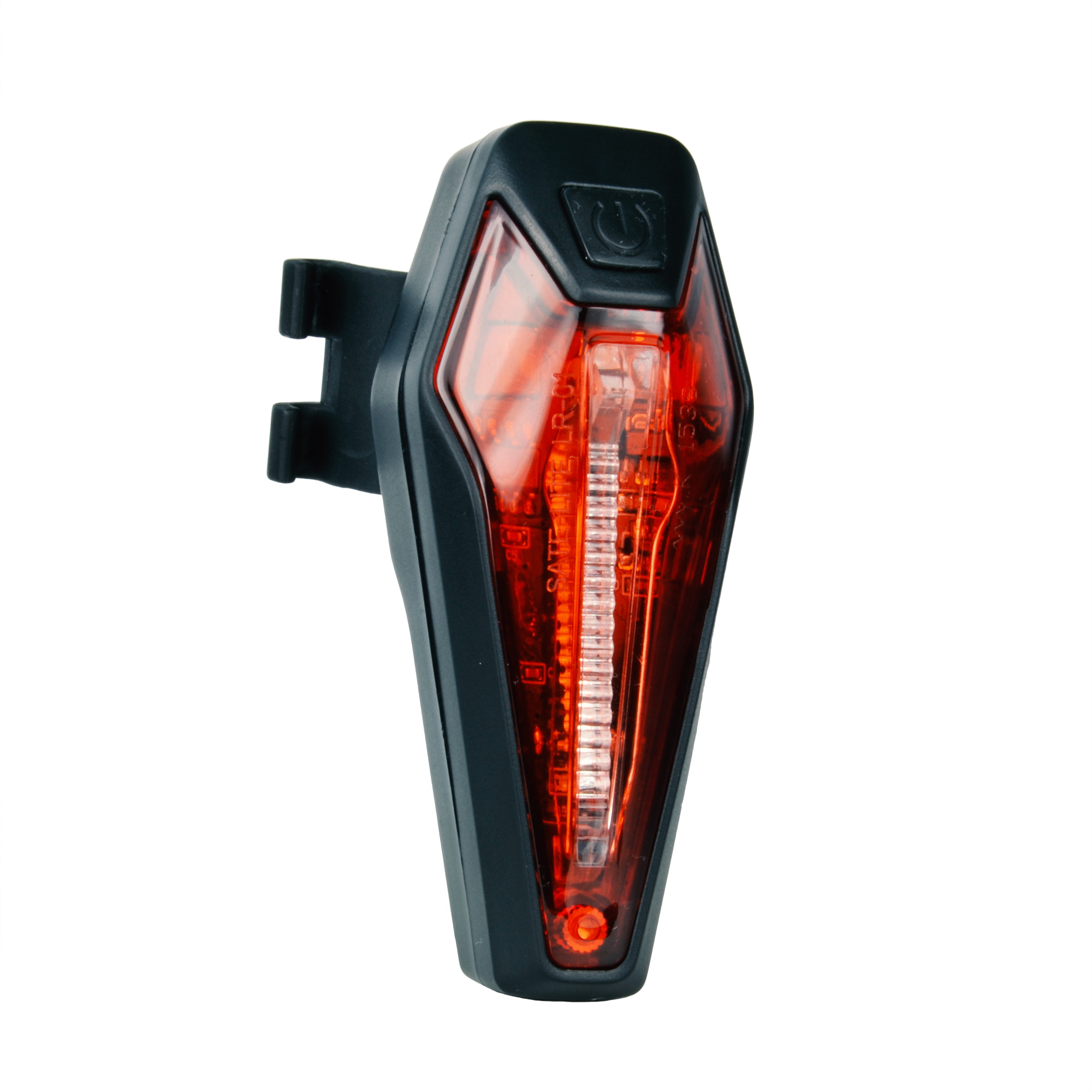 Rotes Fahrradlicht. Schwarze Basis und Halterung. Ein/Aus-Taste oben. Rote Linse.