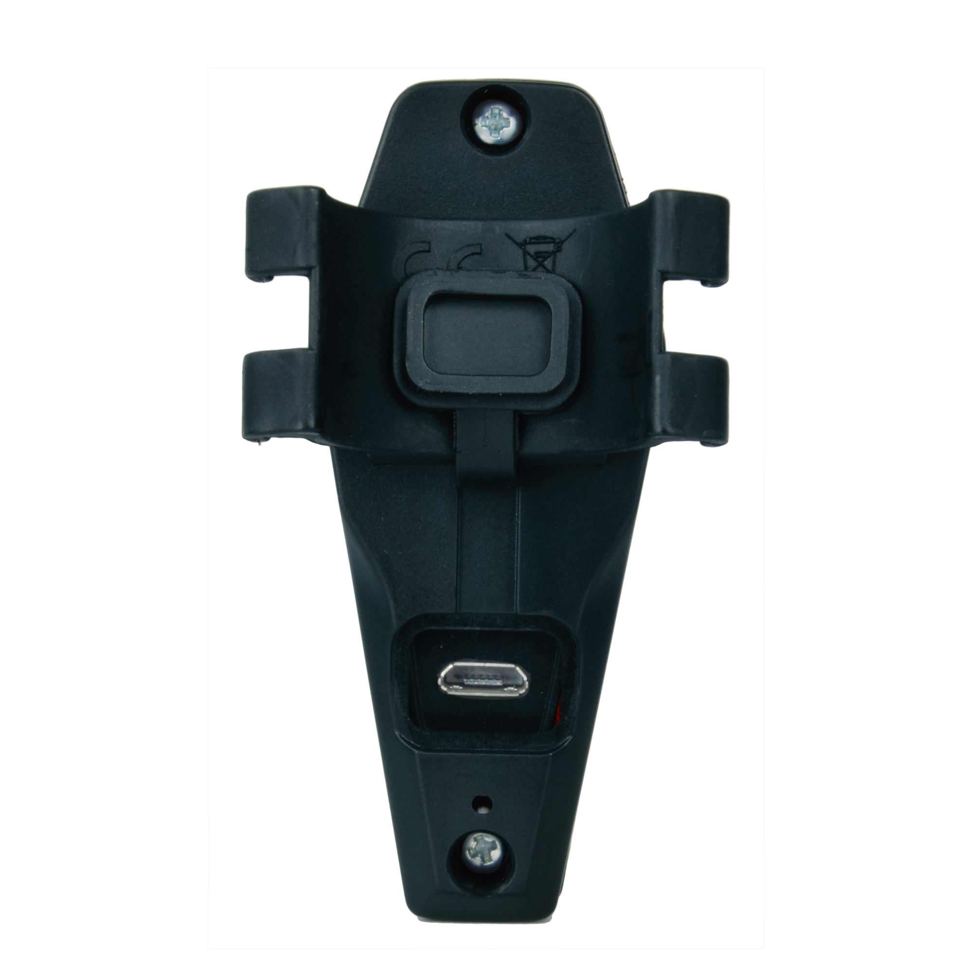 Schwarze Fahrradlichthalterung mit USB-Anschluss und Befestigungsschrauben, Draufsicht.