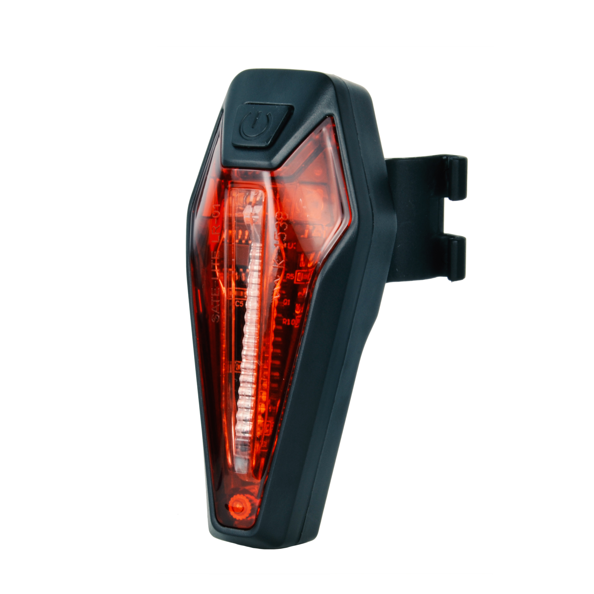 Fahrradlicht. Schwarz und rot, mit roter Linse. Hat eine Halterung und einen Ein-/Ausschalter.