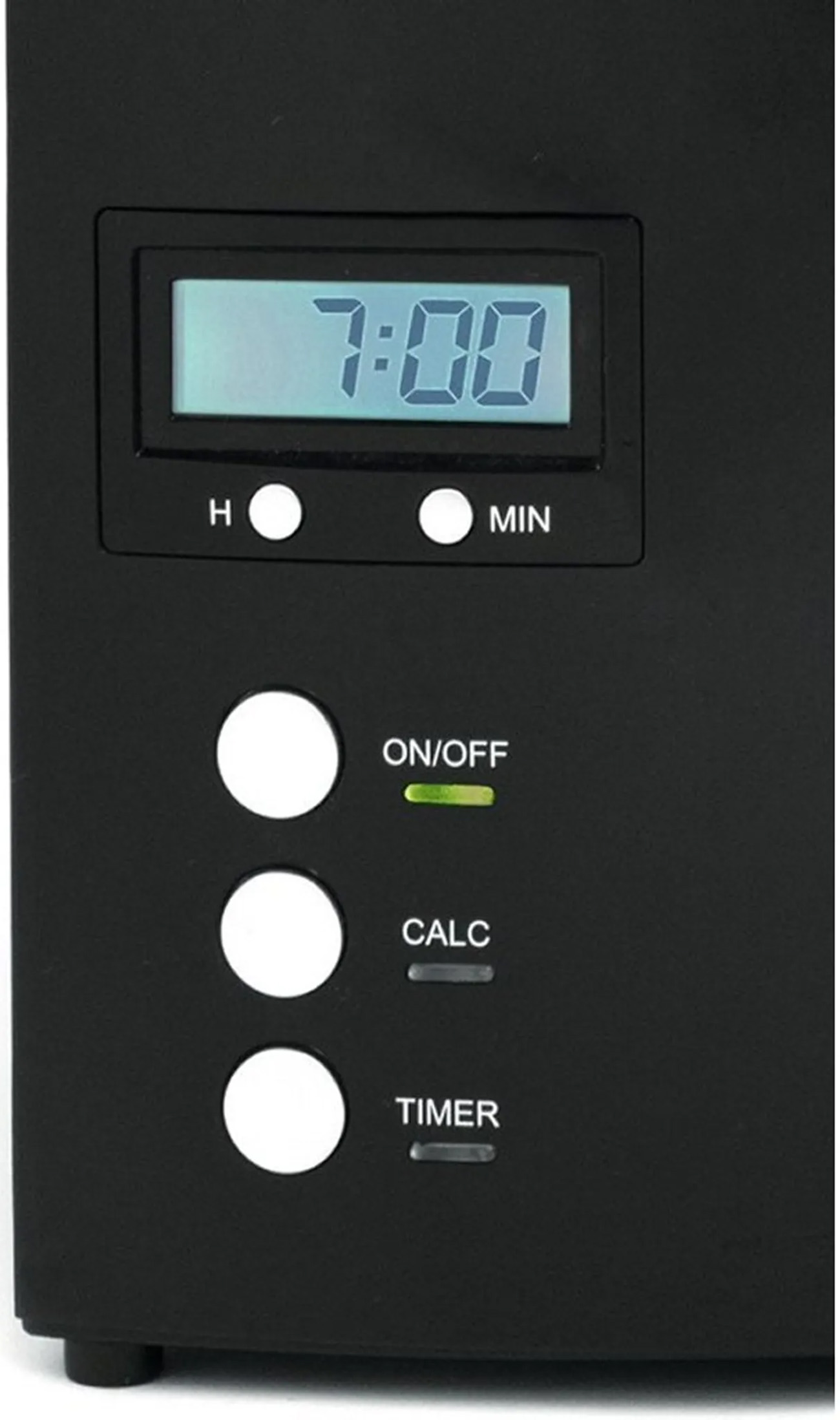 Czarne urządzenie z cyfrowym wyświetlaczem 7:00. Przyciski: 'H', 'MIN', 'ON/OFF', 'CALC' i 'TIMER'.