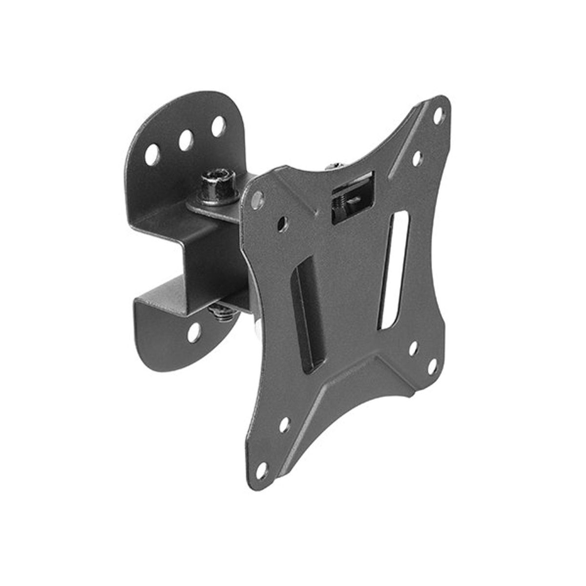 Een donkergrijze tv-muurbeugel, met meerdere schroefgaten en een beugel. Witte achtergrond, schuine weergave.