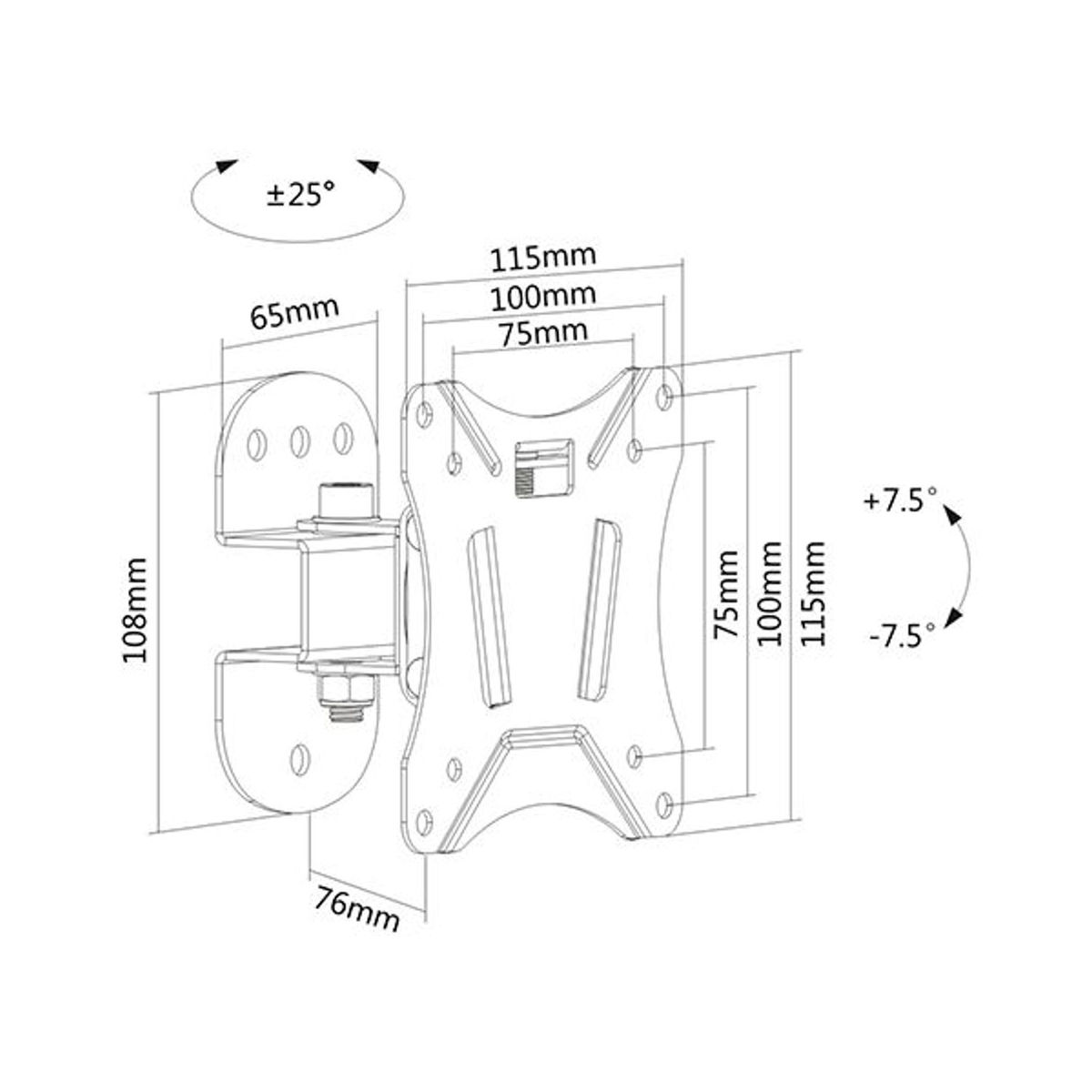Diagram van een monitorbevestiging, met afmetingen en hoeken van rotatie en kanteling.
