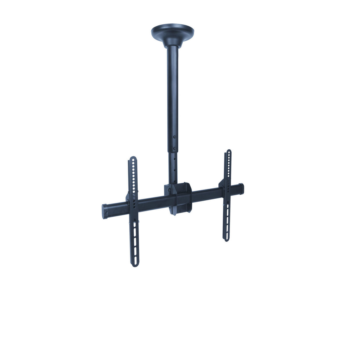 A black ceiling-mounted TV bracket with two arms extending to hold a TV.