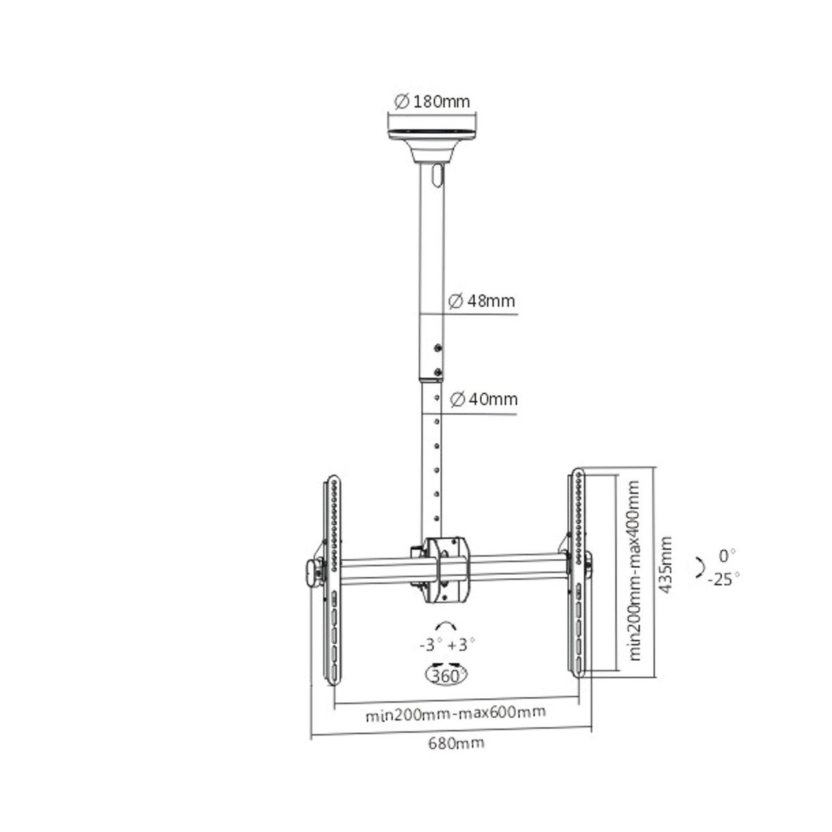Diagram of a TV ceiling mount. It includes measurements and dimensions, in black lines on white.