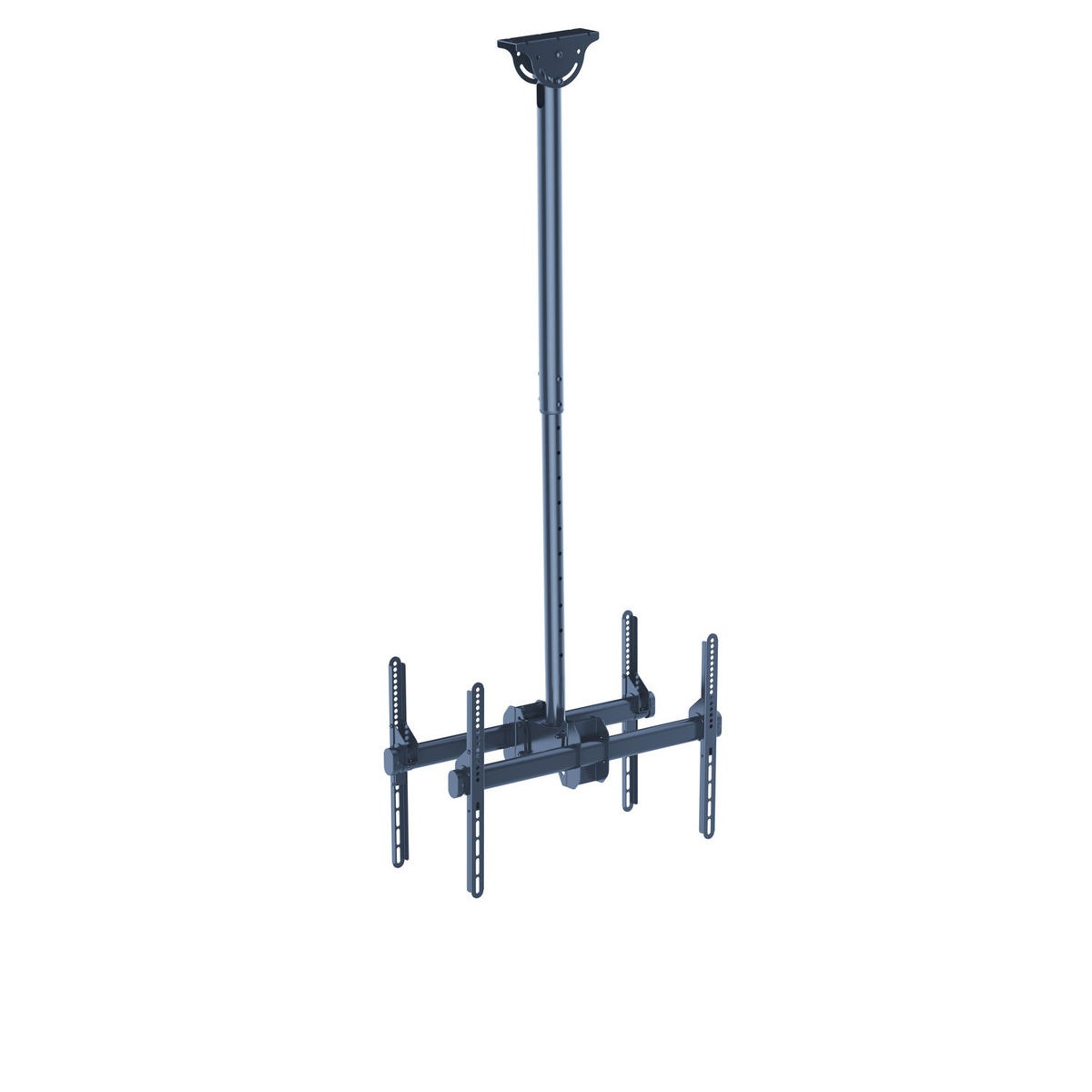 A ceiling TV mount, dark blue, with two arms for TVs and a central pole.