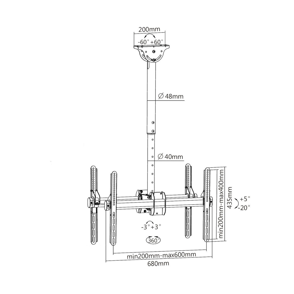 Technical drawing of a TV ceiling mount, with dimensions and angles, on a white background.