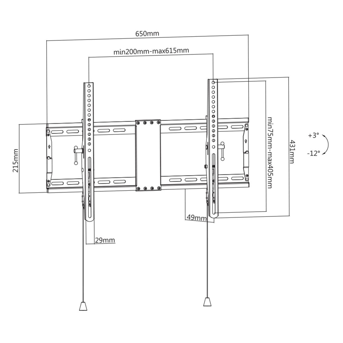 Diagram van een tv-muurbevestiging, met afmetingen en hoeken aangegeven.