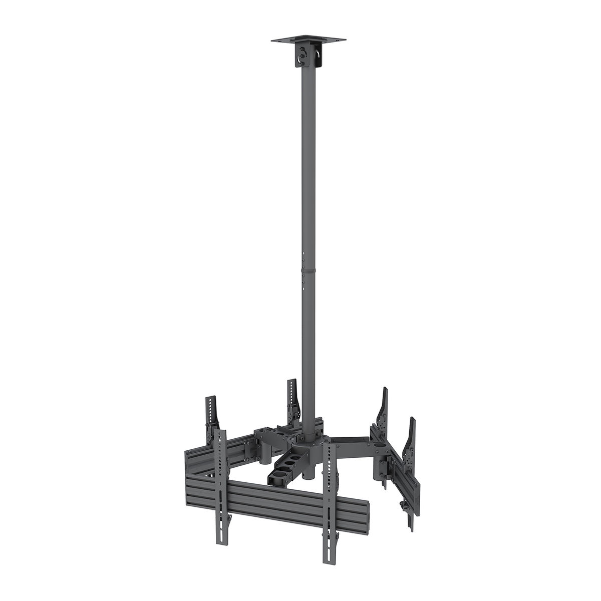 Soporte para proyector montado en el techo. Tiene un marco de metal negro y componentes ajustables.