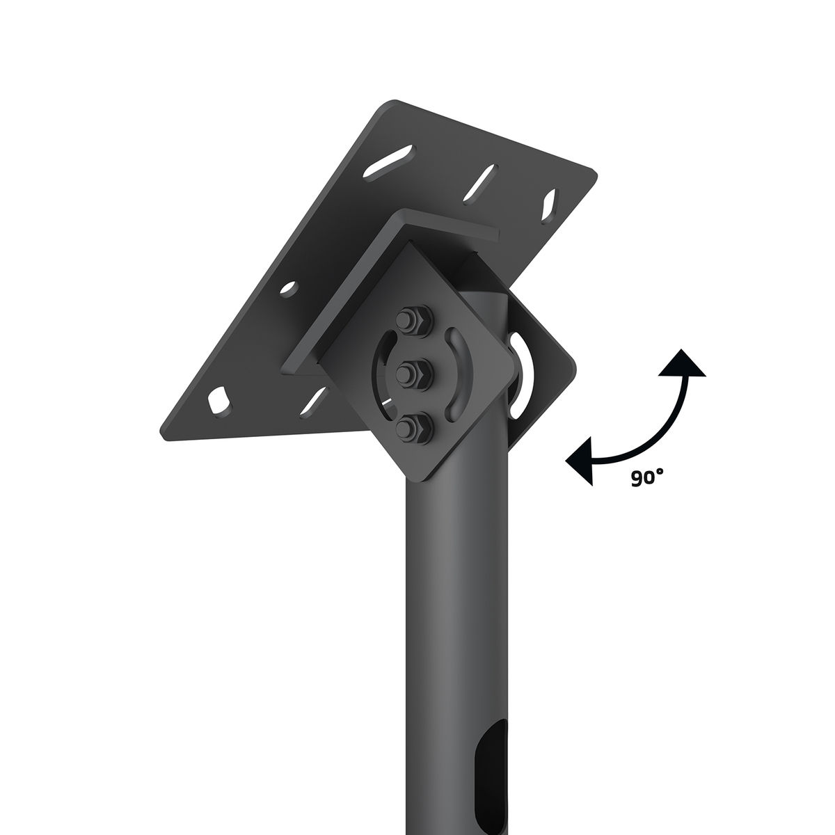 Soporte metálico negro con placa cuadrada y flecha giratoria.