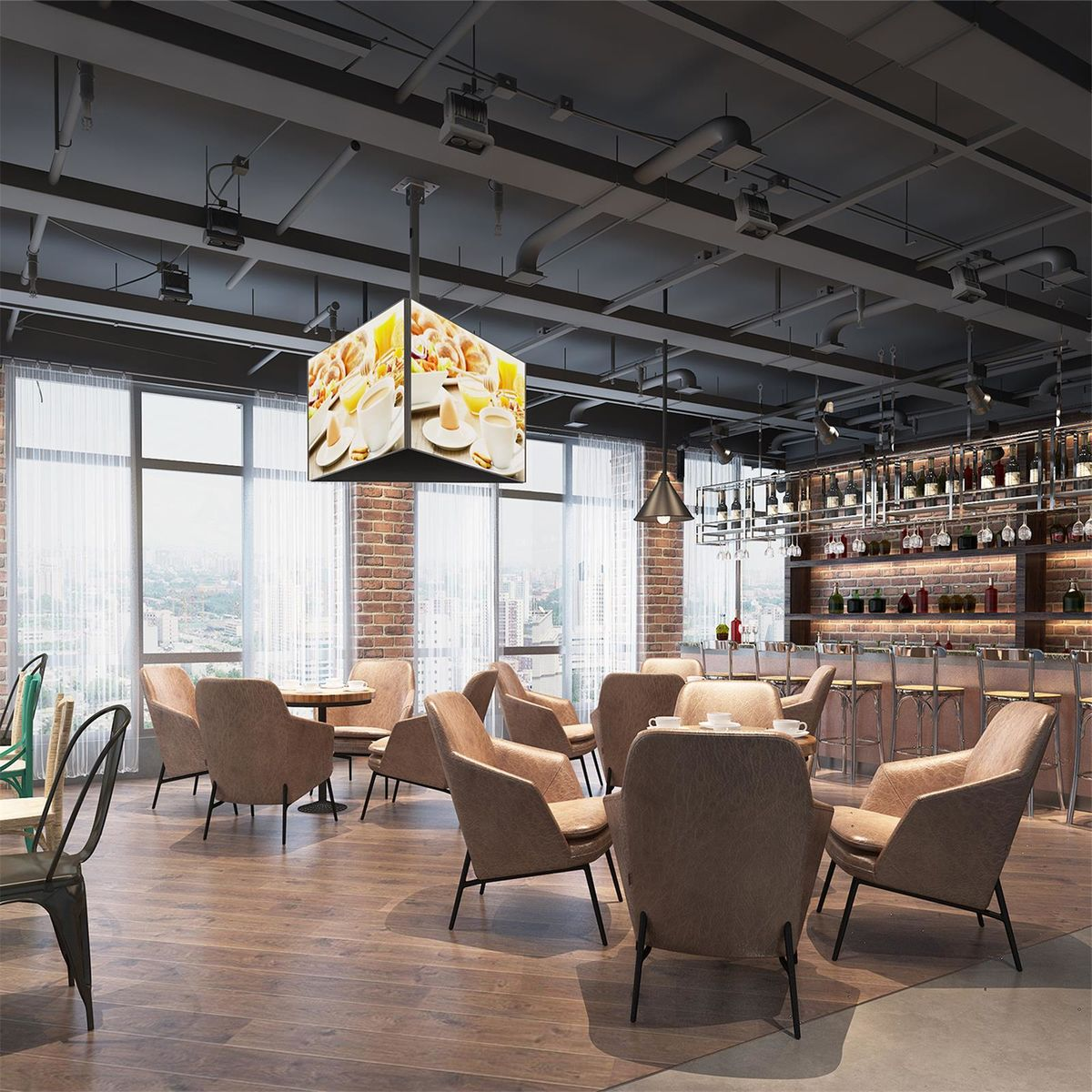 Een restaurantinterieur met tafels en stoelen. Een groot verlicht bord hangt aan het plafond.