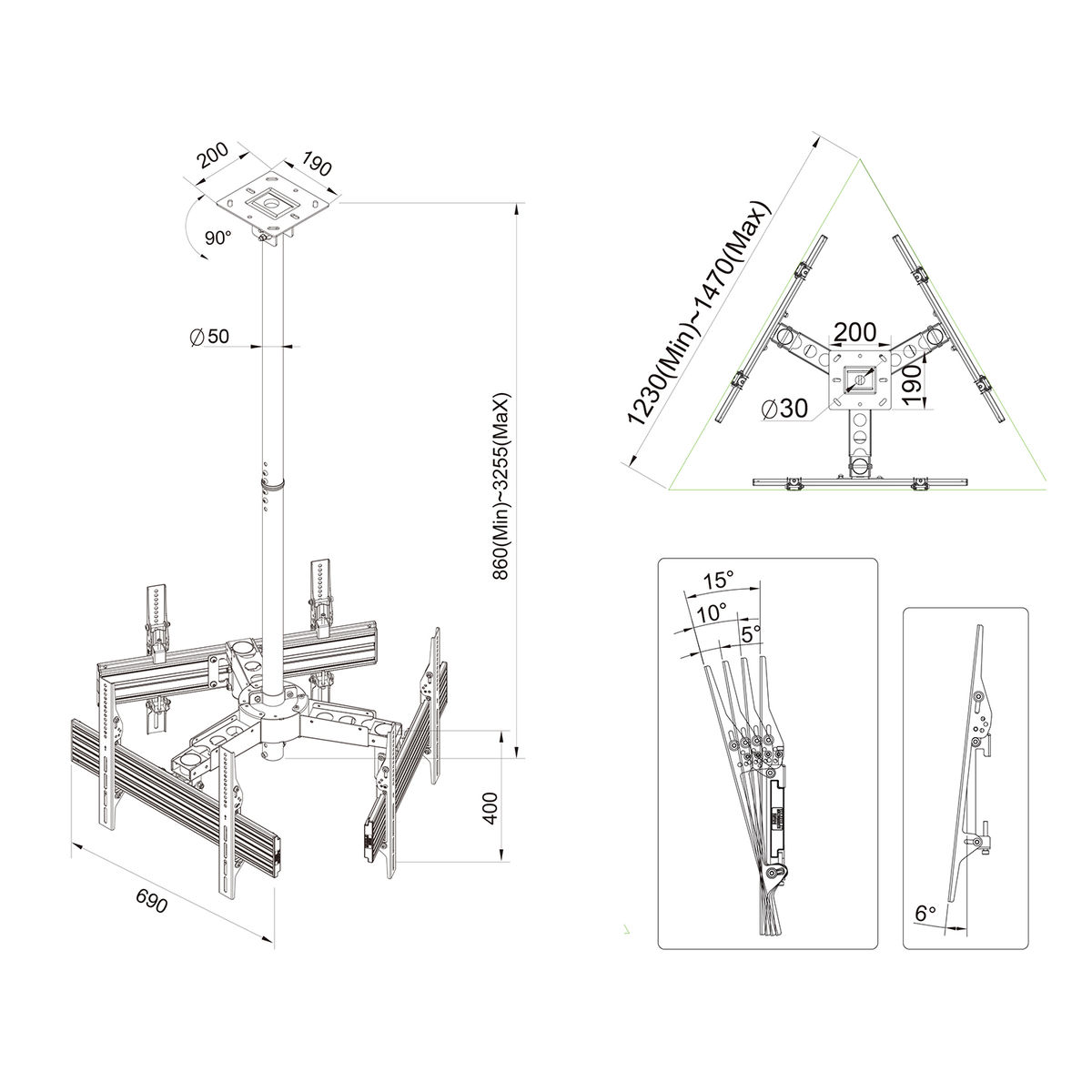 Diagrama técnico de un soporte de techo para múltiples pantallas, con mediciones.