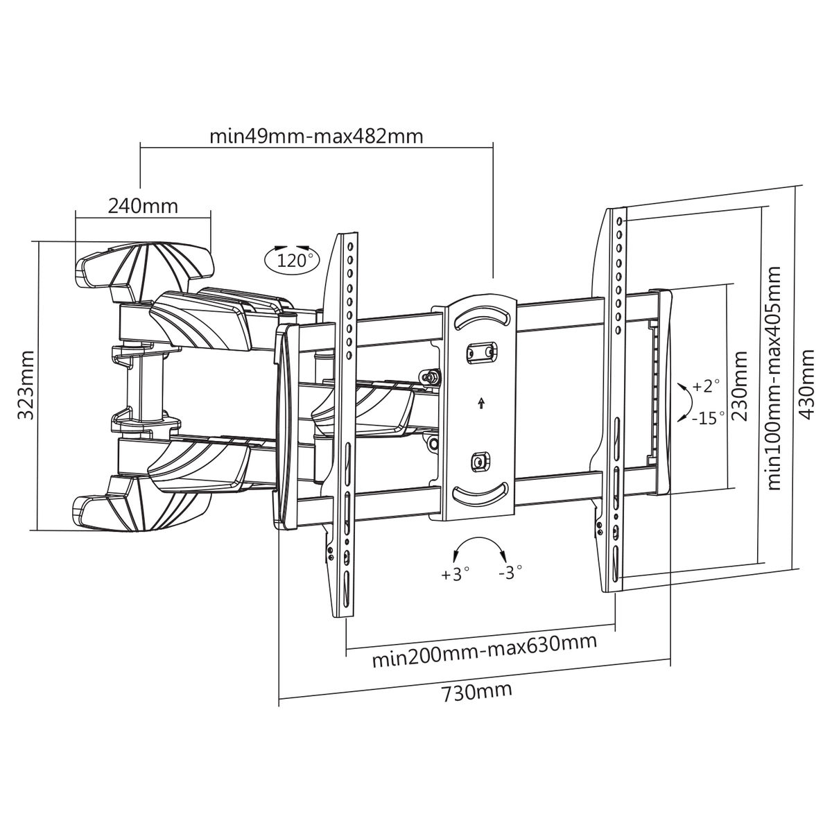 Diagram van een tv-muurbevestiging met afmetingen. Het toont armen, beugels en afmetingen in zwart op wit.