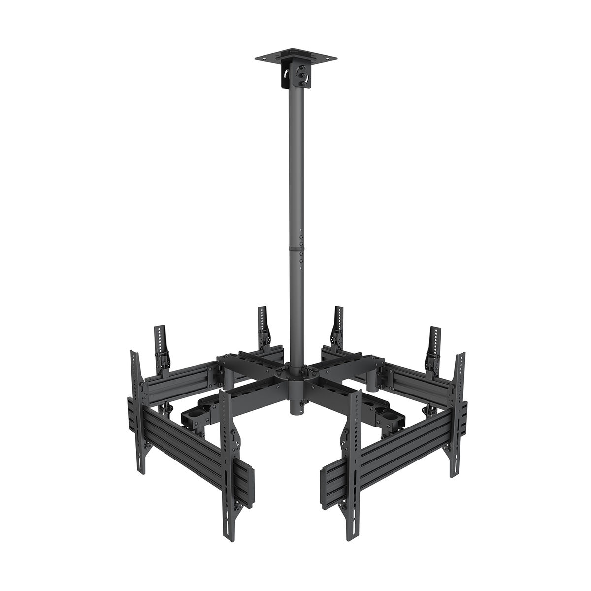 Soporte de TV de techo negro, con cuatro soportes y poste de montaje.
