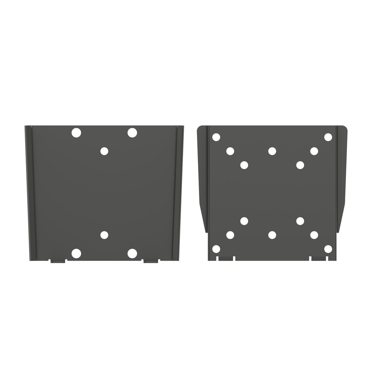 Twee donkergrijze metalen platen met meerdere gaten, tegen een witte achtergrond.