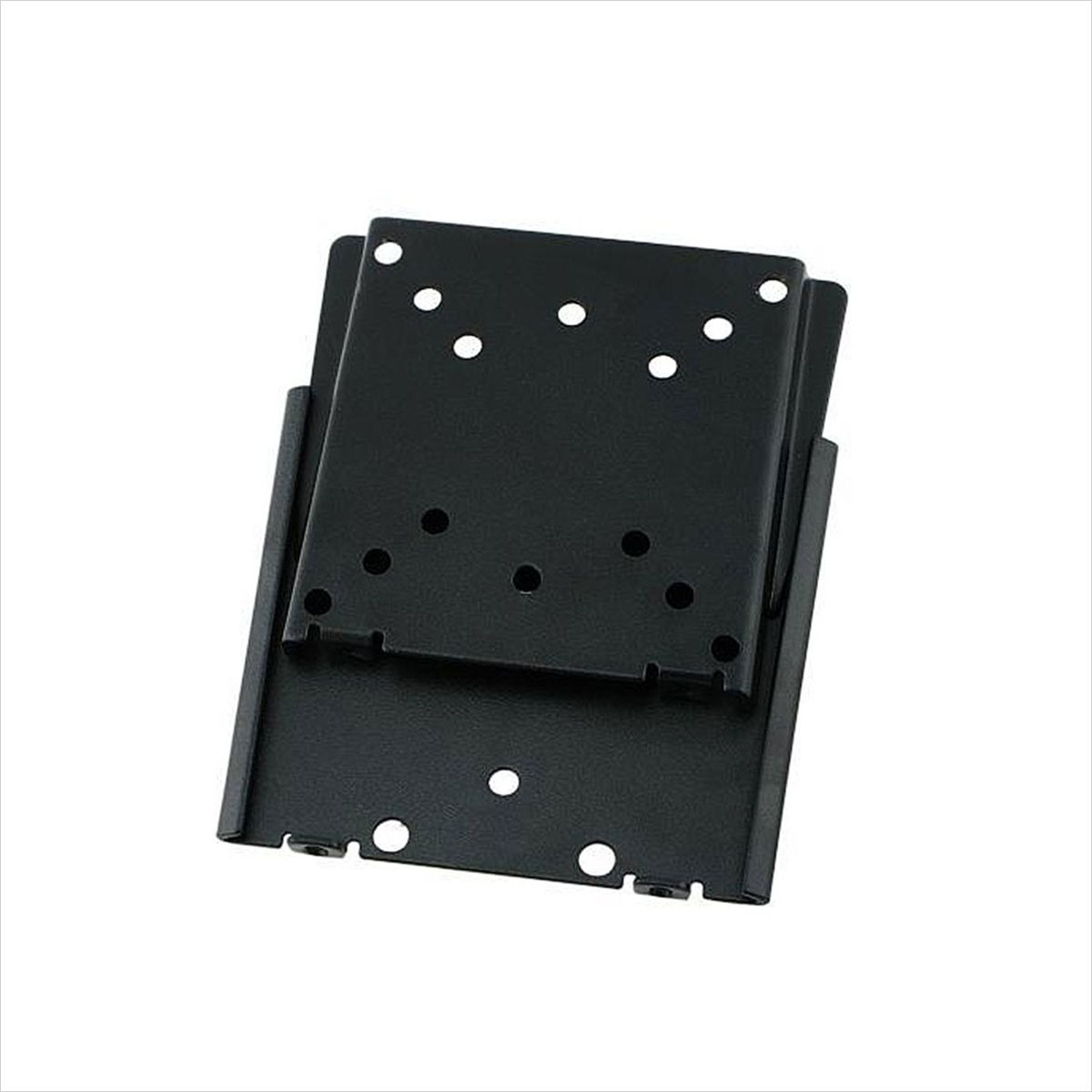 Zwarte metalen tv-beugel. Twee platen met gaten, witte achtergrond.