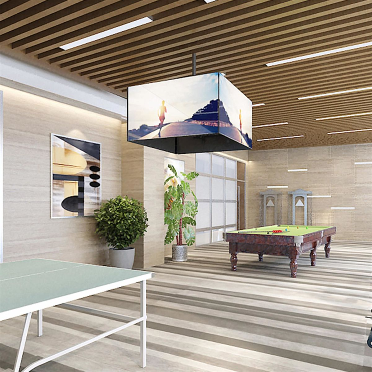 Una habitación moderna con mesa de billar, pantalla con imagen y mesa de ping pong.